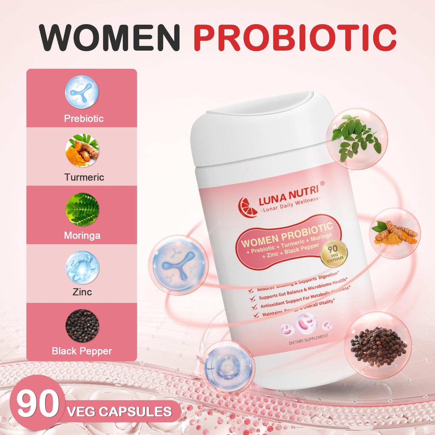 LUNANUTRI Women Probiotic Capsule, 180 Billion CFU, 18 Strains, with Prebiotics, Turmeric, Zinc, Black Pepper & Multi-Enzymes, Digestive & Immune Support, Metabolic Wellness, 1 Count