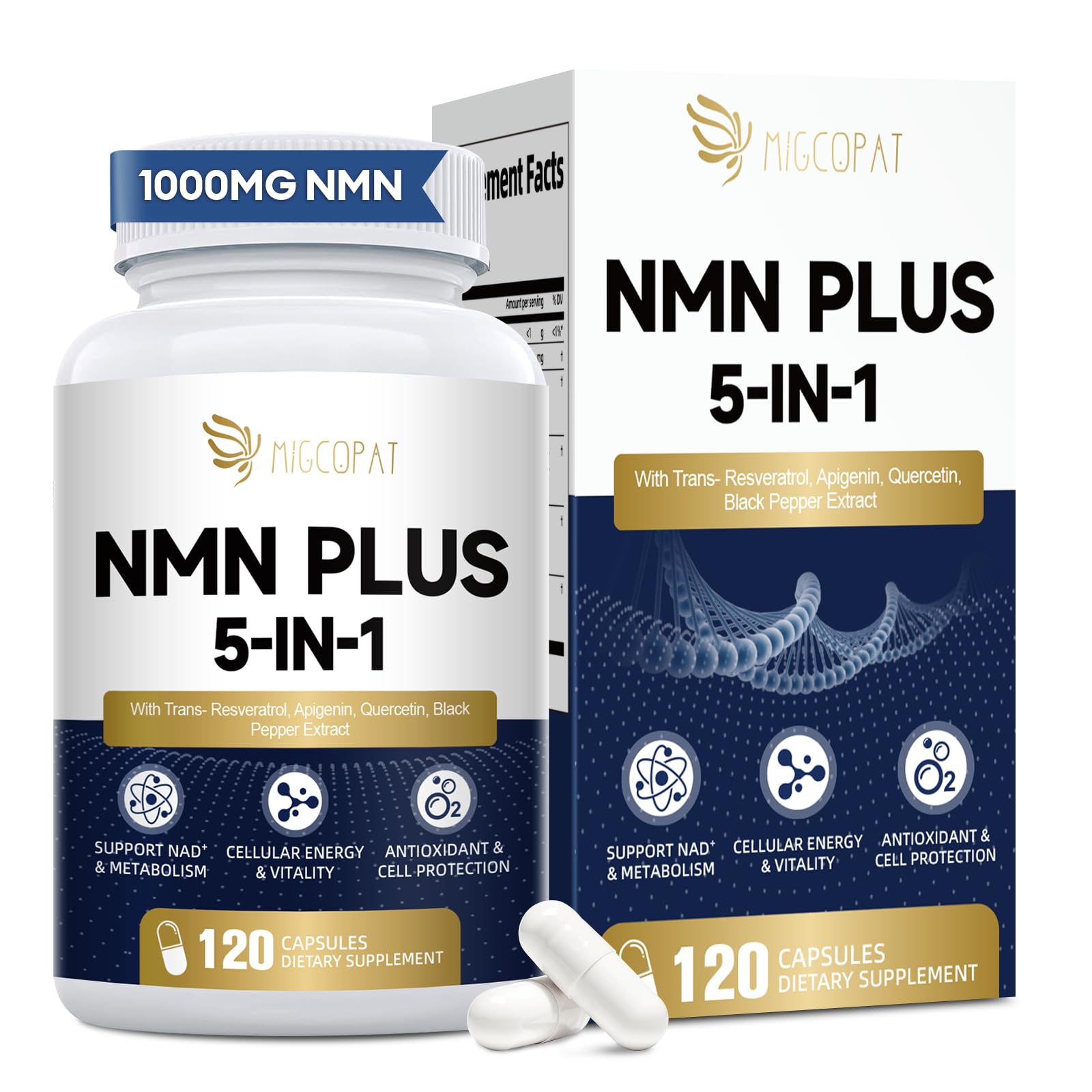 Migcopat NMN Supplement 1000mg – 5-in-1 NAD Supplement with Resveratrol, Apigenin, Quercetin & Black Pepper – NMNH Alternative – Supports Cellular Energy, Healthy Aging & Longevity – 120 Capsules