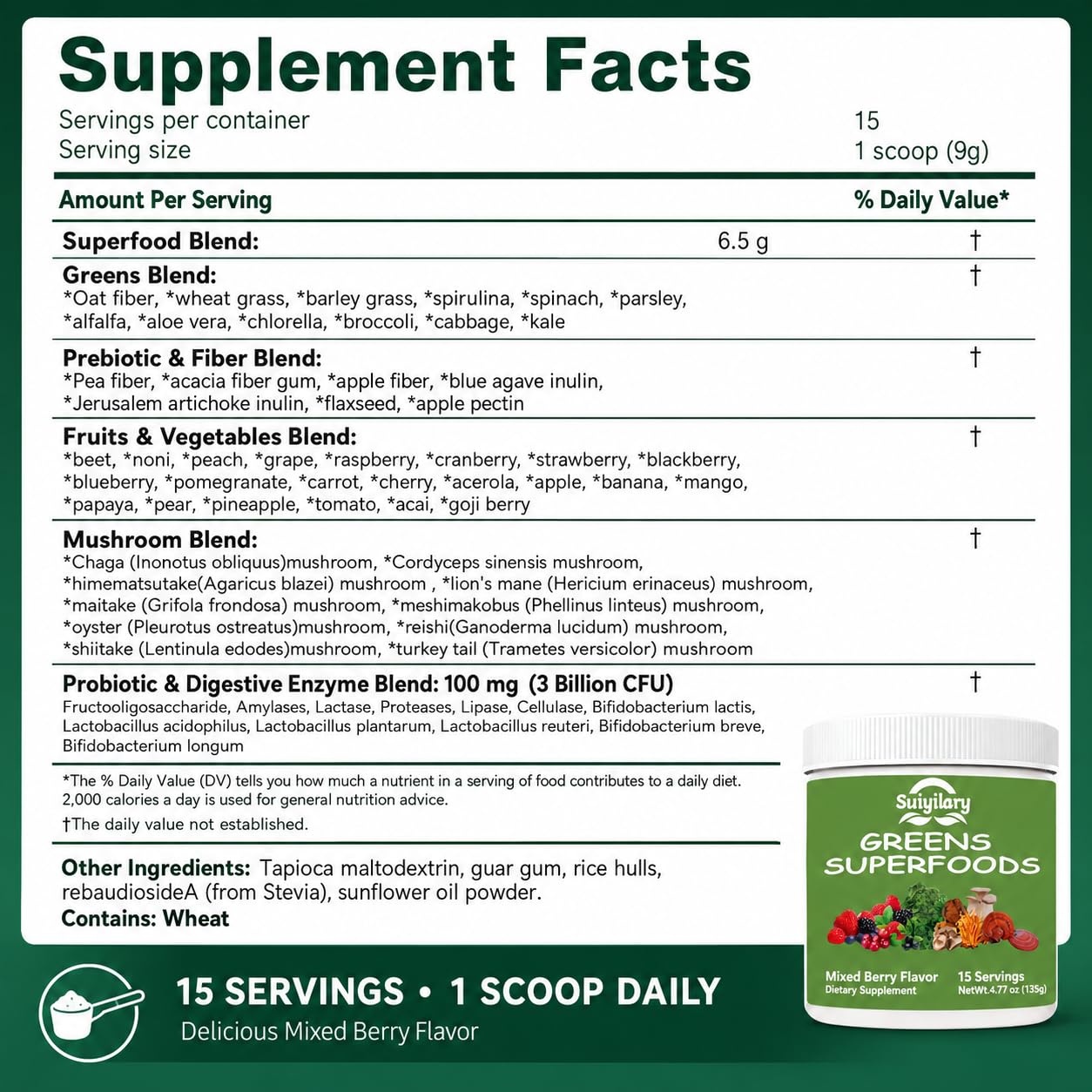 Suiyilary Greens Superfoods Powder for Digestive Health, Spirulina & Chlorella, Mixd Berry, 4.77 oz