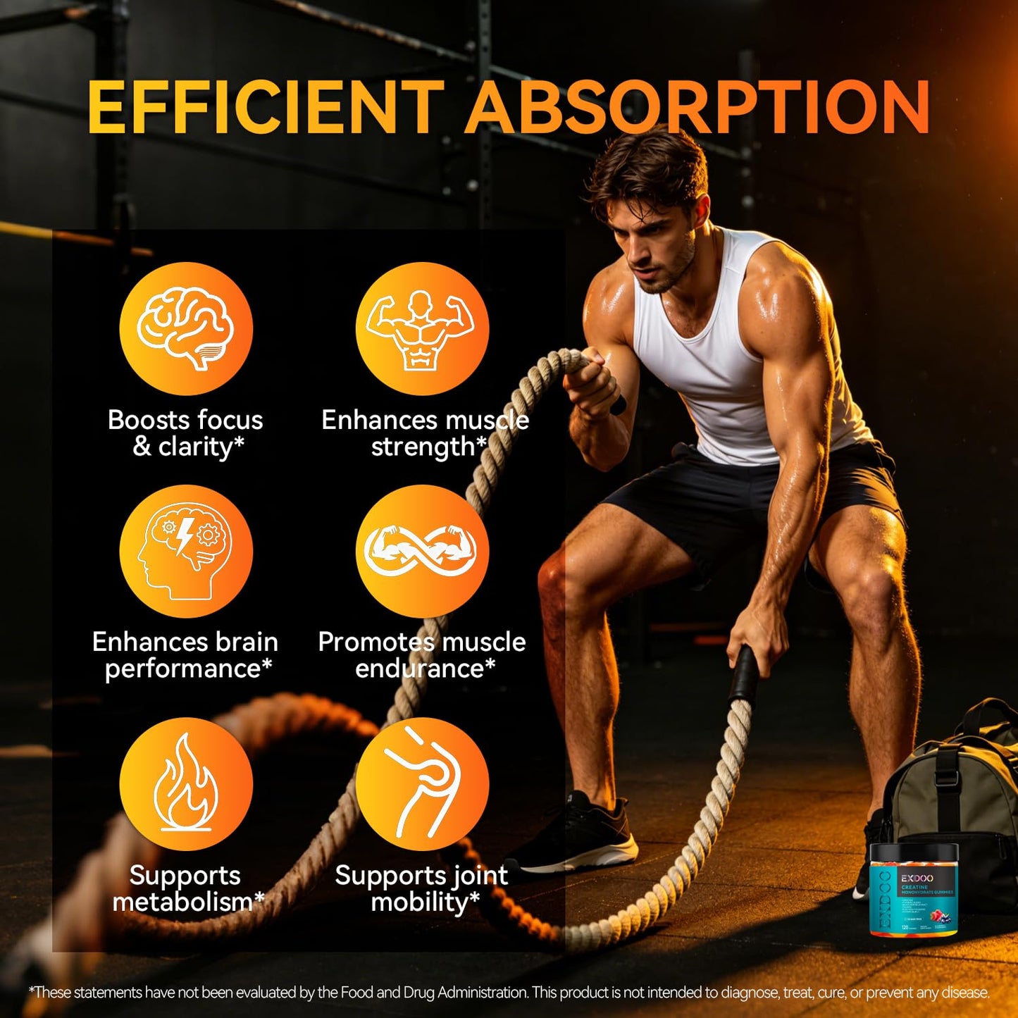 exdoo Creatine Monohydrate Gummies with Turmeric for Men and Women, Taurine Electrolyte for Strength, Energy & Muscle Support Pre-Workout, Sugar Free, 120 Gummies