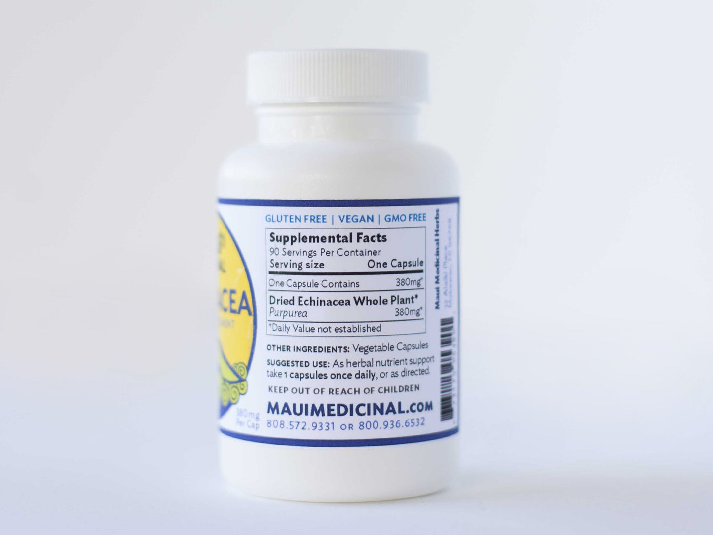 Maui Medicinal Herbs Echinacea Purpurea Organic Herbal Supplement 100% Root Veggie Capsules, 90 Count