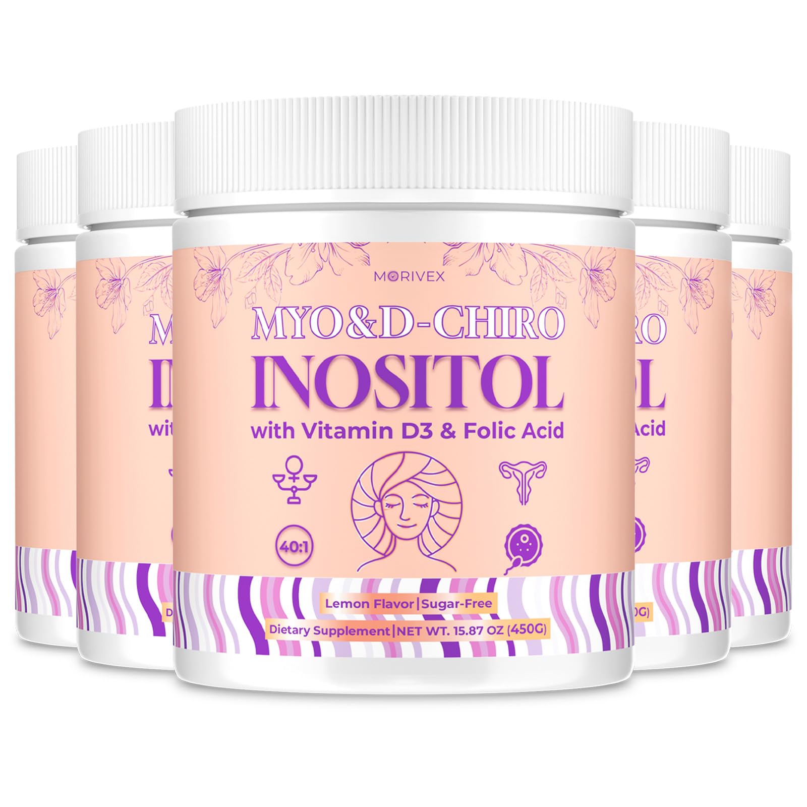 Morivex Myo-Inositol & D-Chiro Inositol Powder for Women, Fertility & Hormonal Balance Support, 15.87 oz (Pack of 5)