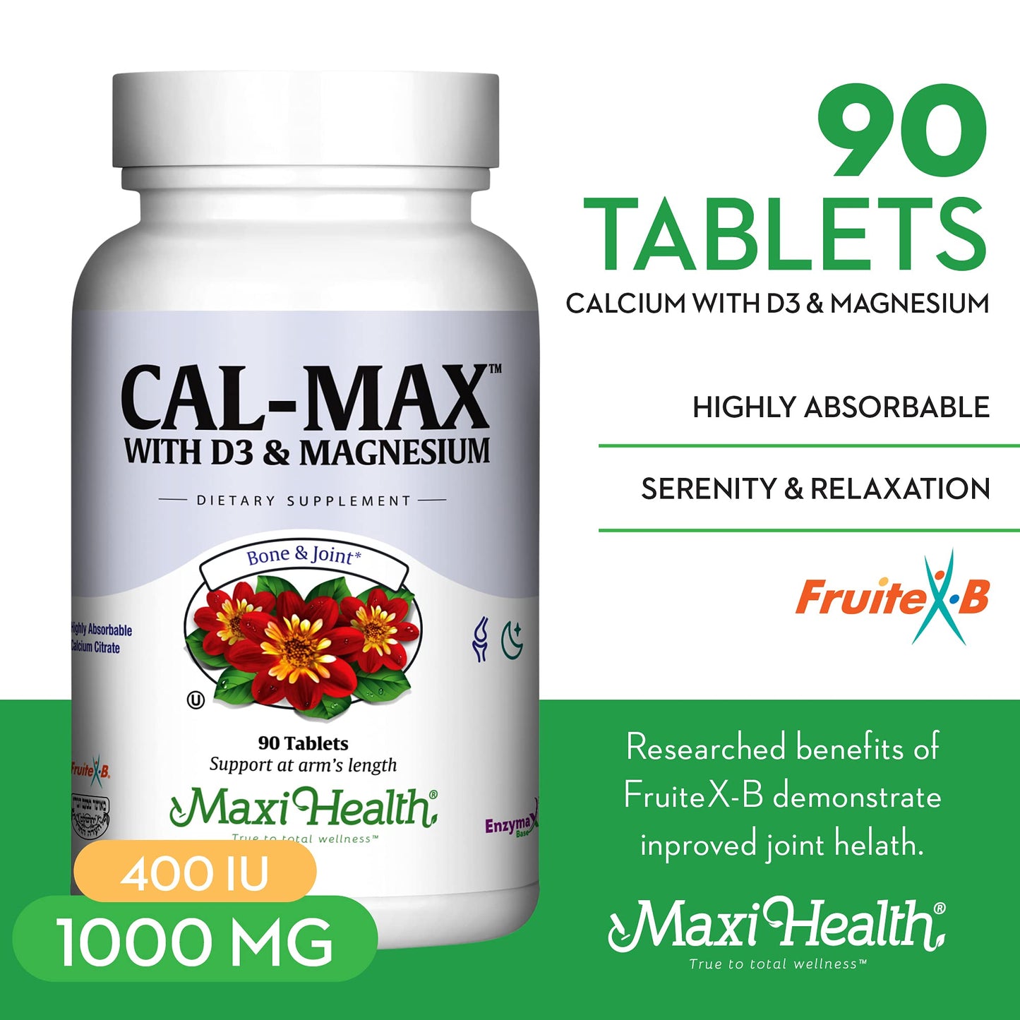 Maxi Health Calcium 1000 mg with Vitamin D3 (400 IU) and Magnesium (750 mg) Dietary Supplement for Bone, Teeth, Joint Support Tablet, 90 Tablets