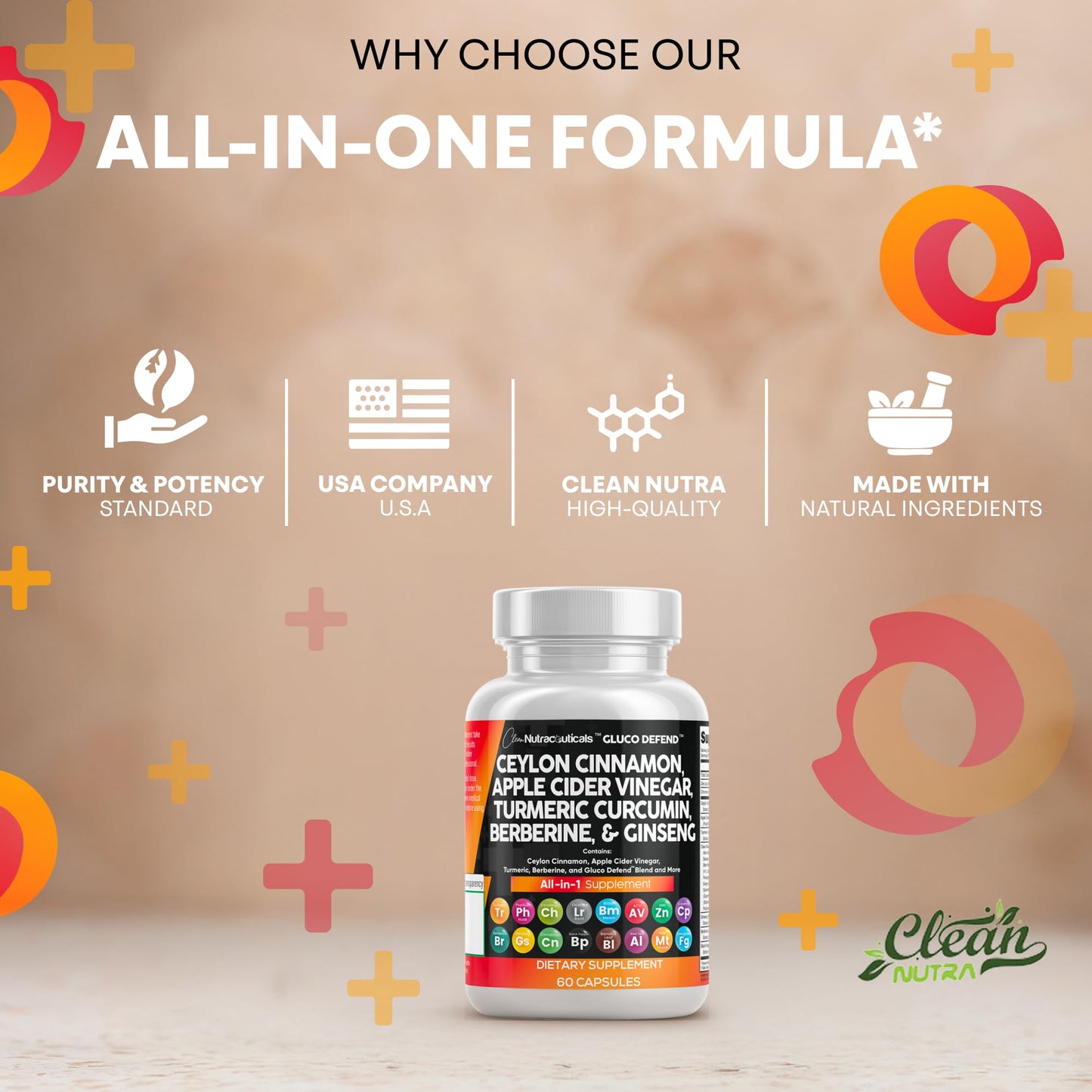 Clean Nutraceuticals Ceylon Cinnamon Capsules + Berberine Turmeric Apple Cider Vinegar Ginseng Bitter Melon Gymnema Milk Thistle Fenugreek Supplement, 120 Capsules