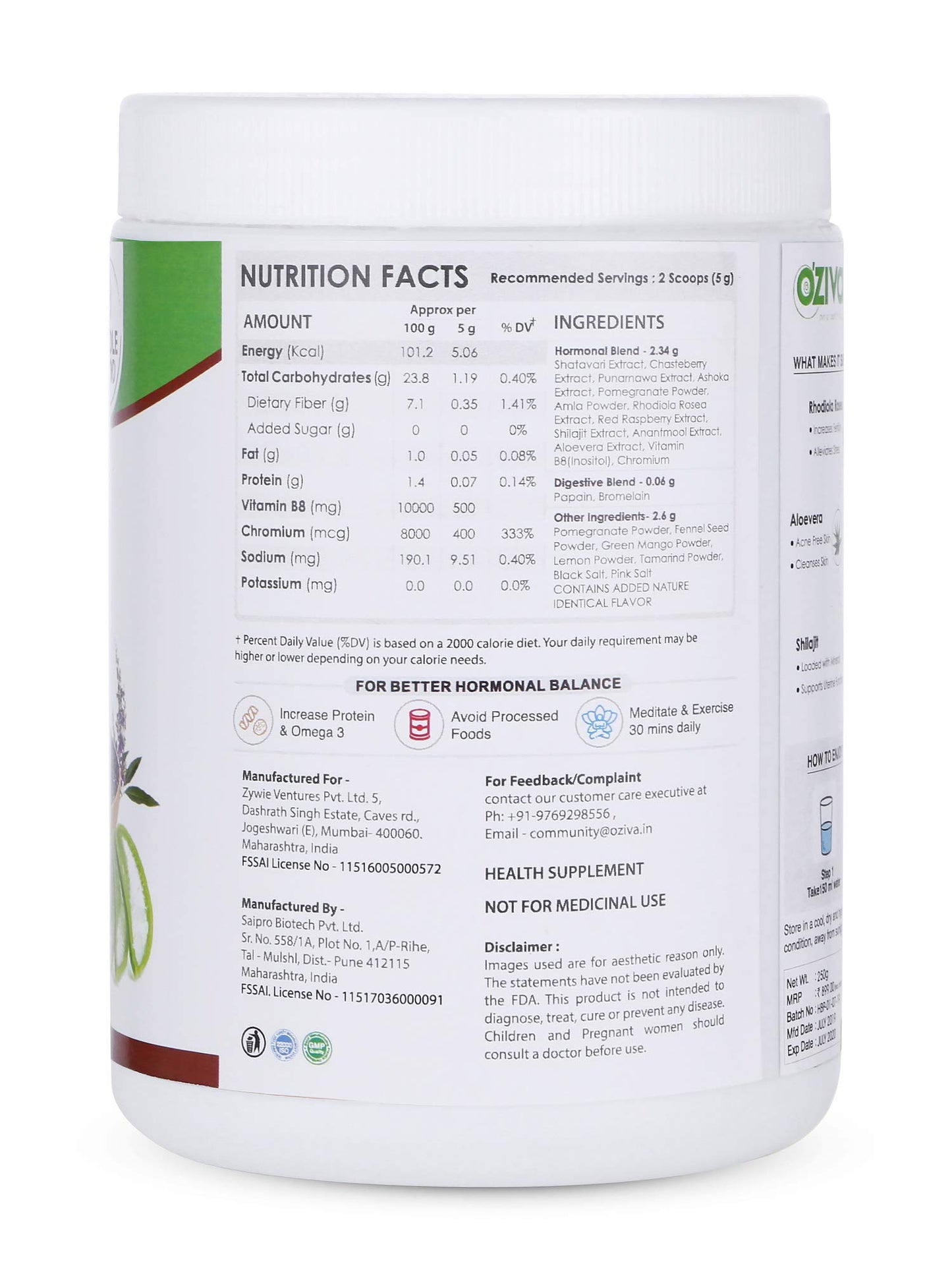 OZIVA Plant Based HerBalance PCOS with Chasteberry (Vitex), Rhodiola Rosea, Red Raspberry, Shilajit, Ashoka & More - Powder, 8.8 oz
