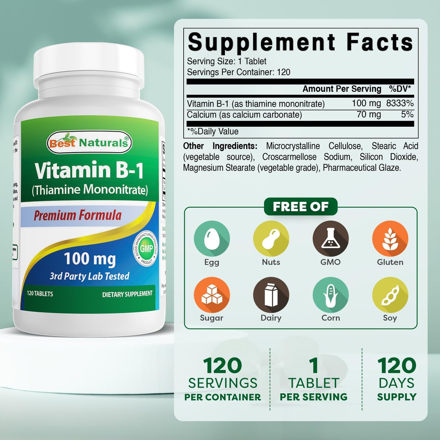 Best Naturals Vitamin B1 Thiamine Mononitrate 100 mg Tablets, 120 Count