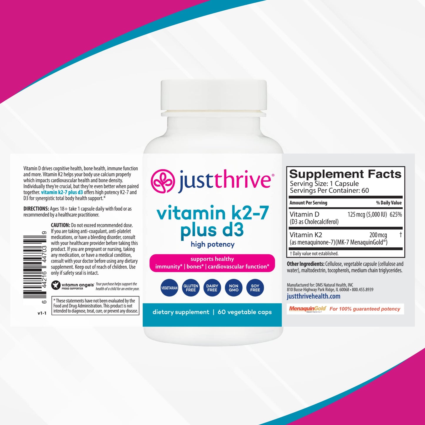 Just Thrive Vitamin K2-7 Plus D3 Supplement Capsule 60 Count