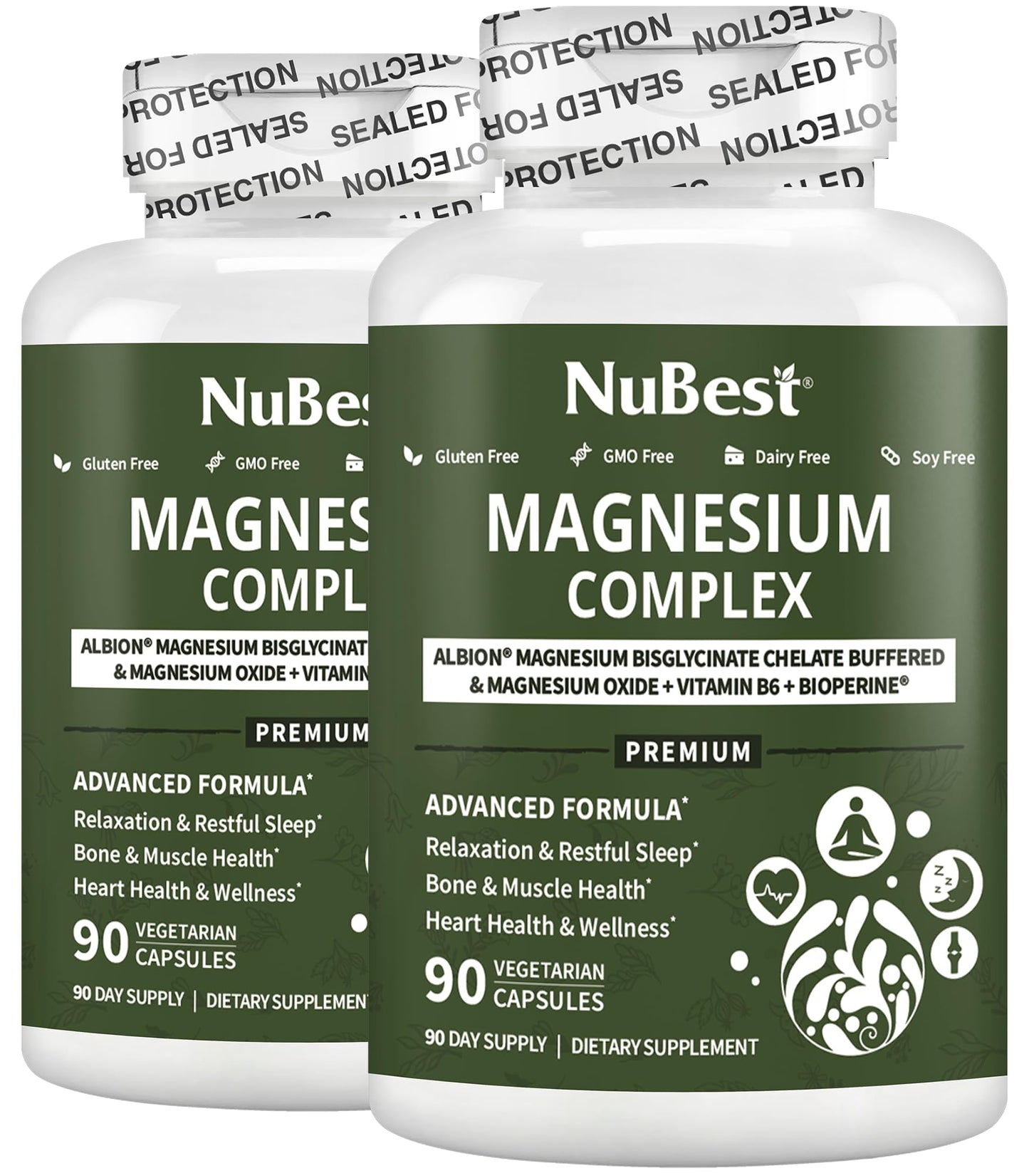 NuBest Magnesium Glycinate Chelate Complex with Albion Magnesium Bisglycinate Chelate, Vitamin B6 & BioPerine, 180 Capsules