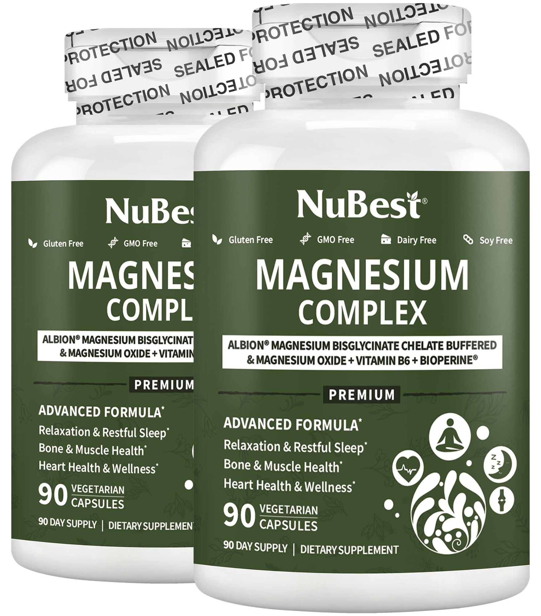 NuBest Magnesium Glycinate Chelate Complex with Albion Magnesium Bisglycinate Chelate, Vitamin B6 & BioPerine, 180 Capsules