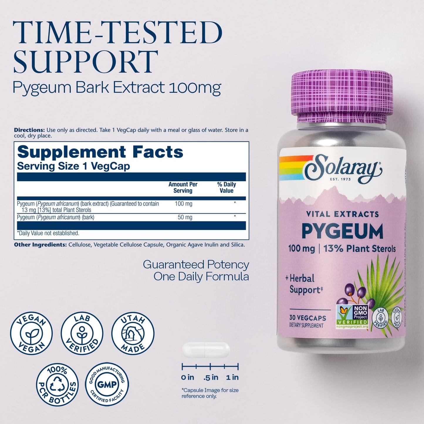 SOLARAY Pygeum Bark Extract One Daily 100mg Capsule, 30 VegCaps