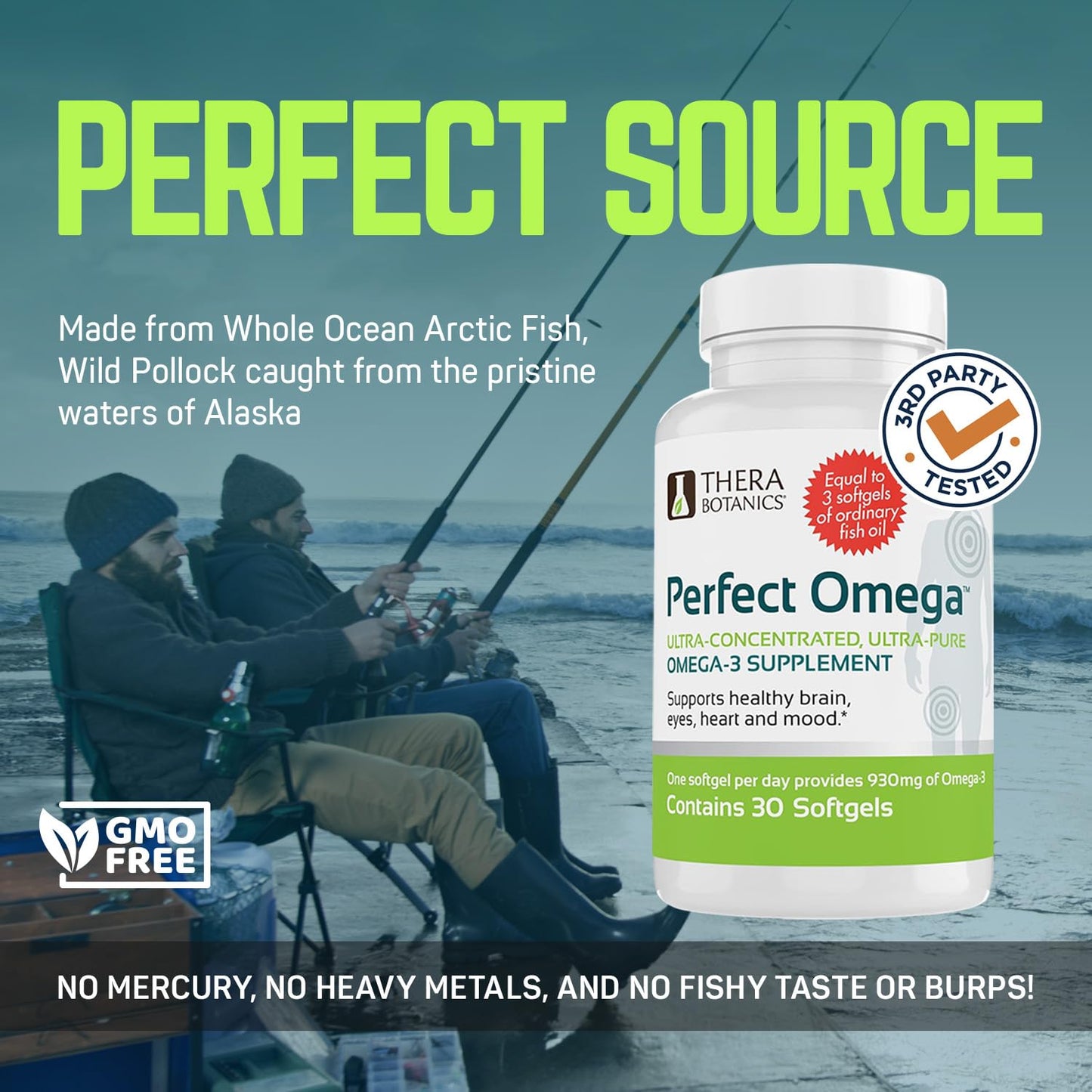 Therabotanics Perfect Omega 3 Wild Alaskan Fish Oil, EPA DHA, Heart & Brain Health Softgels 30 Count