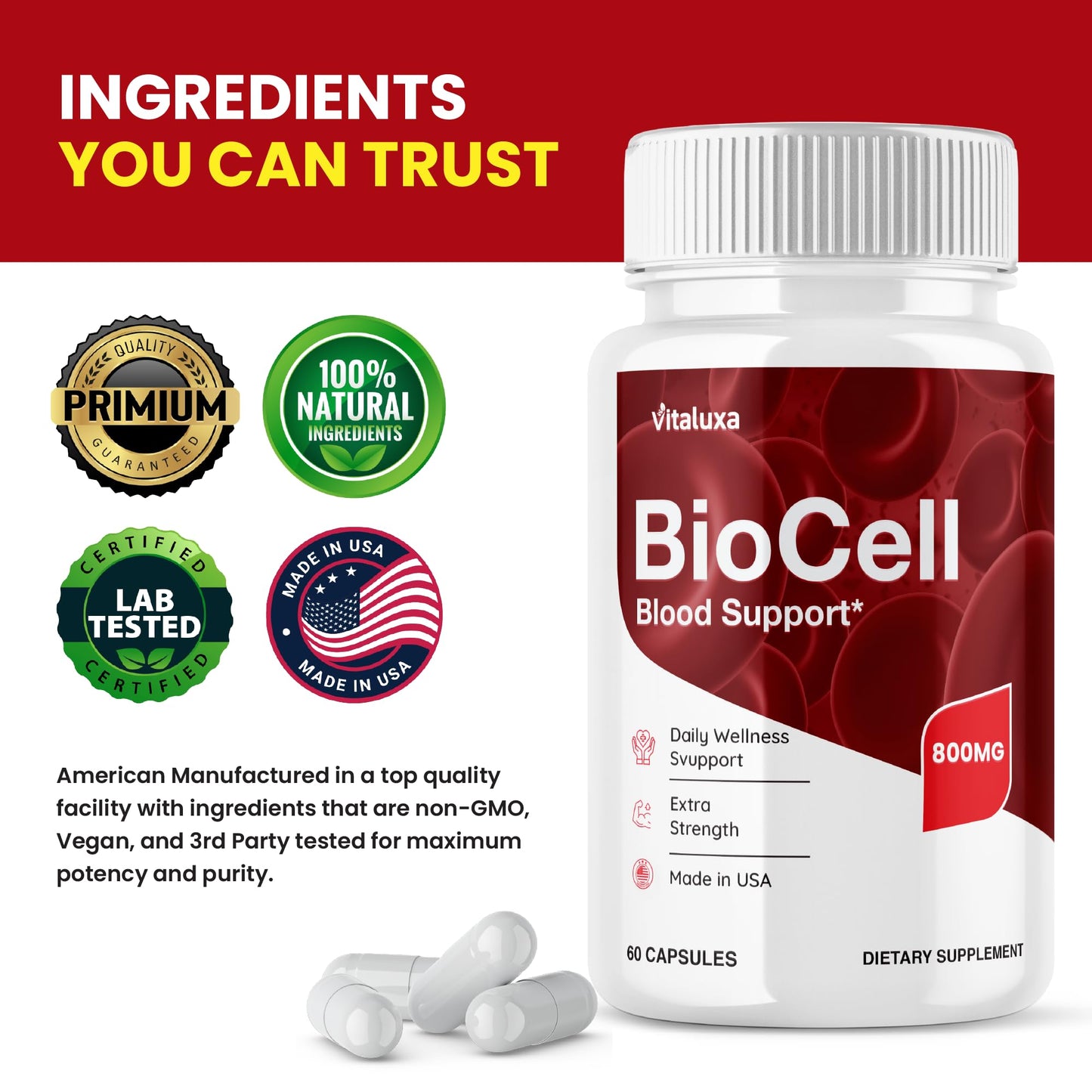 Vitaluxa Bio Cell Blood Health Support Supplement Capsules, 60 Count