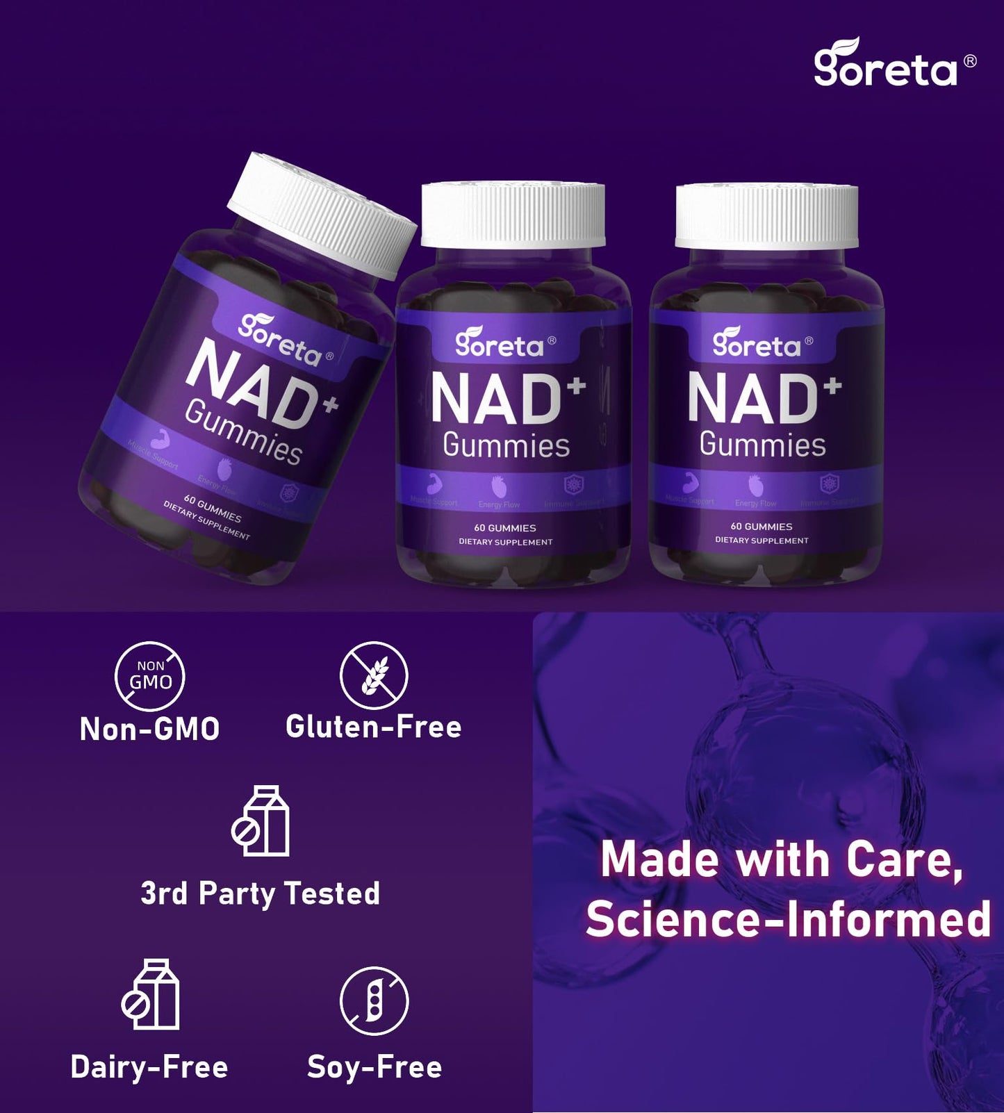 Goreta NAD+ Gummies with Resveratrol & Quercetin for Adults, Chewable Grape Flavor, 60 Gummies