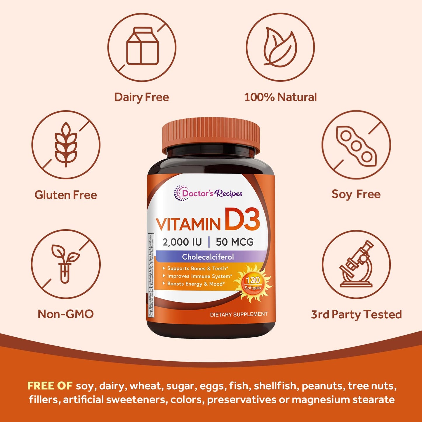 Doctor's Recipes Vitamin D3 2000 IU, Cholecalciferol Softgels 120