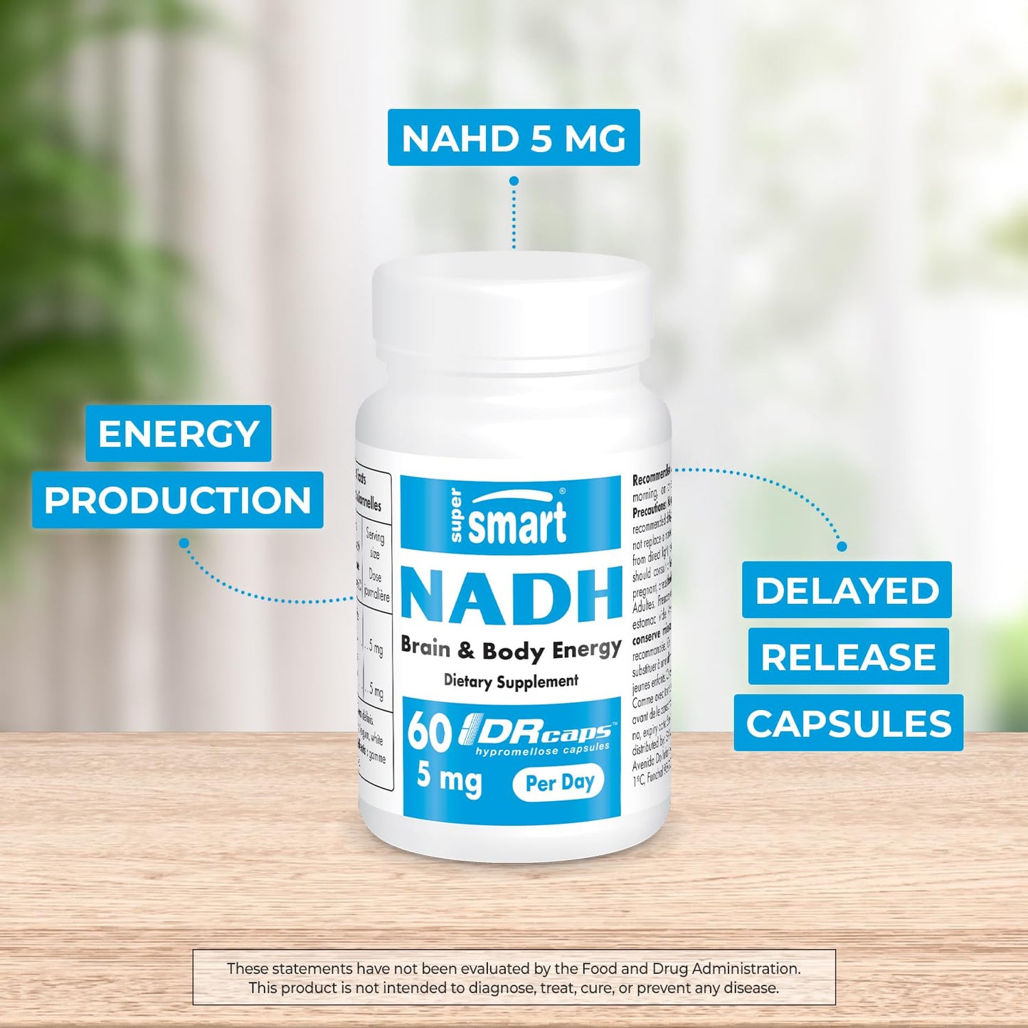 Supersmart NADH 5mg per Day (Reduced Nicotinamide Adenine Dinucleotide) NADH Supplement - Energy Capsules, 60 Count