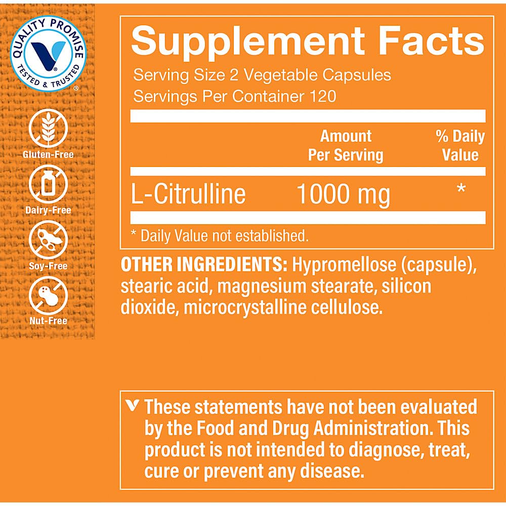 The Vitamin Shoppe L-Citrulline Free-Form Amino Acid Nitric Oxide Booster 1000 mg, 240 Vegetarian Capsules