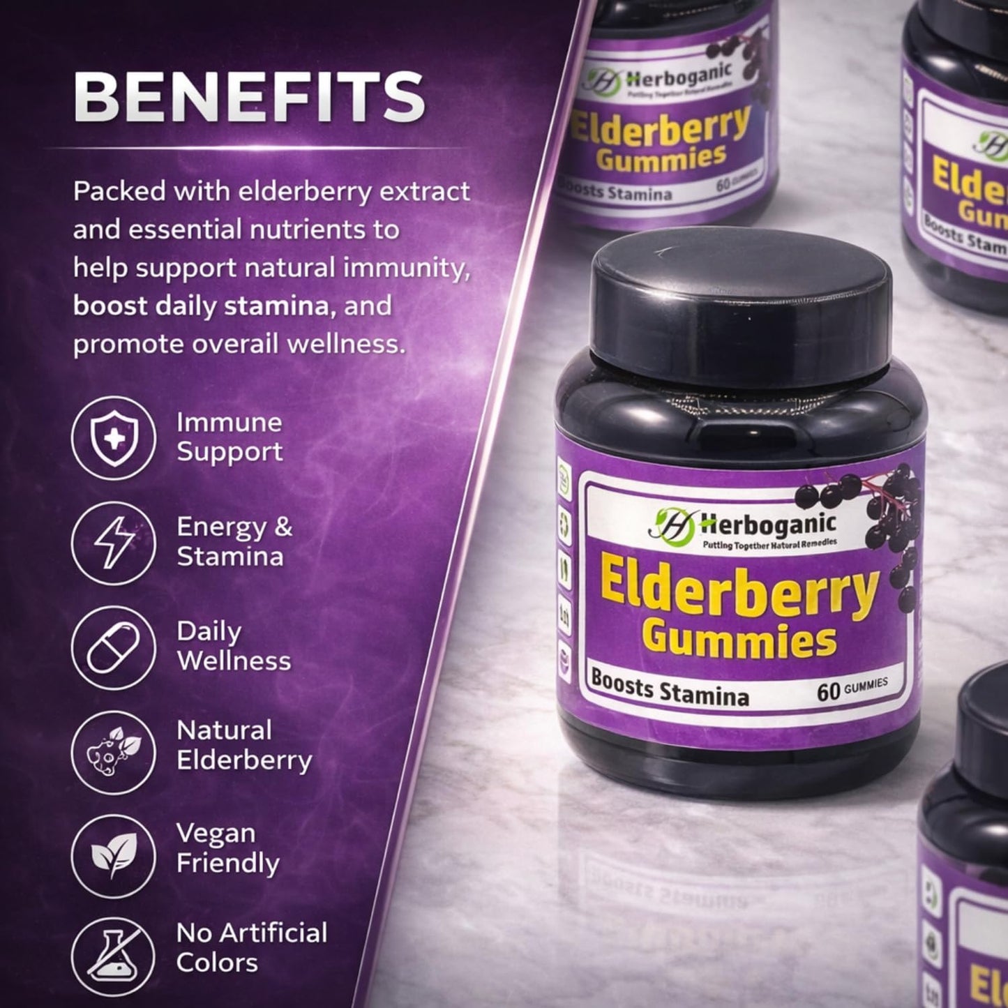 HERBOGANIC Elderberry Gummies 60 Count