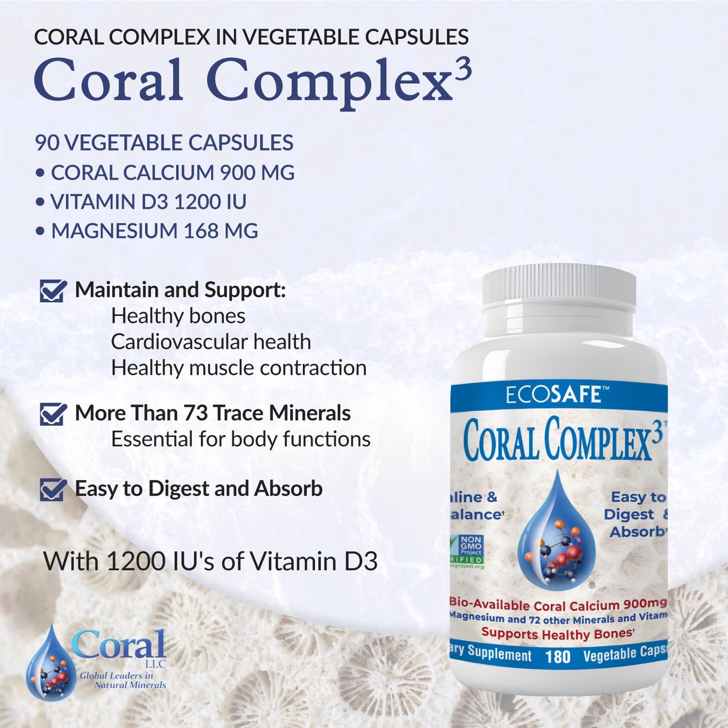 Coral White Coral Complex 3 Calcium Supplement Vitamin D3 & Magnesium Capsules, 180 Count