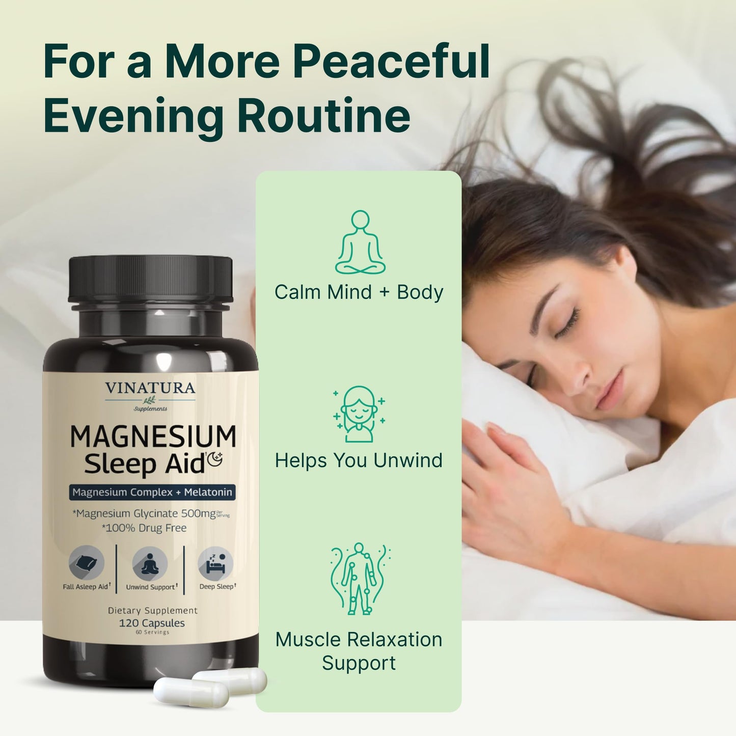 VINATURA Magnesium Sleep Aid Magnesium Glycinate Complex for Sleep with Melatonin, Glycinate 500mg, L-Theanine Capsules 120 Count