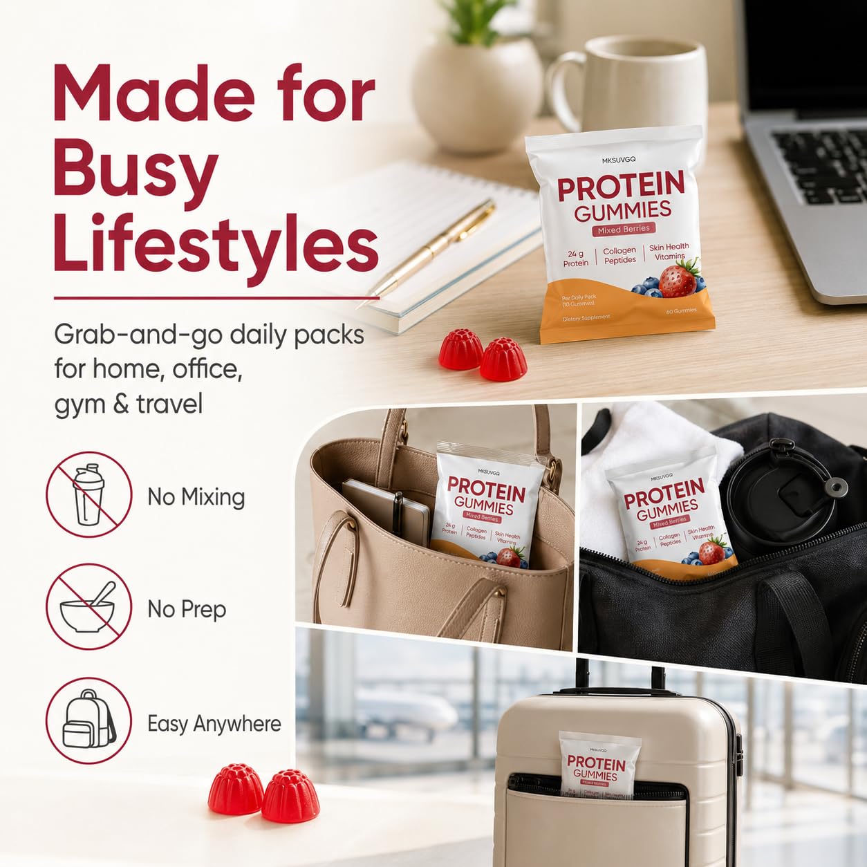MKSUVGQ Protein Gummies with Collagen & Biotin, 60 Gummies