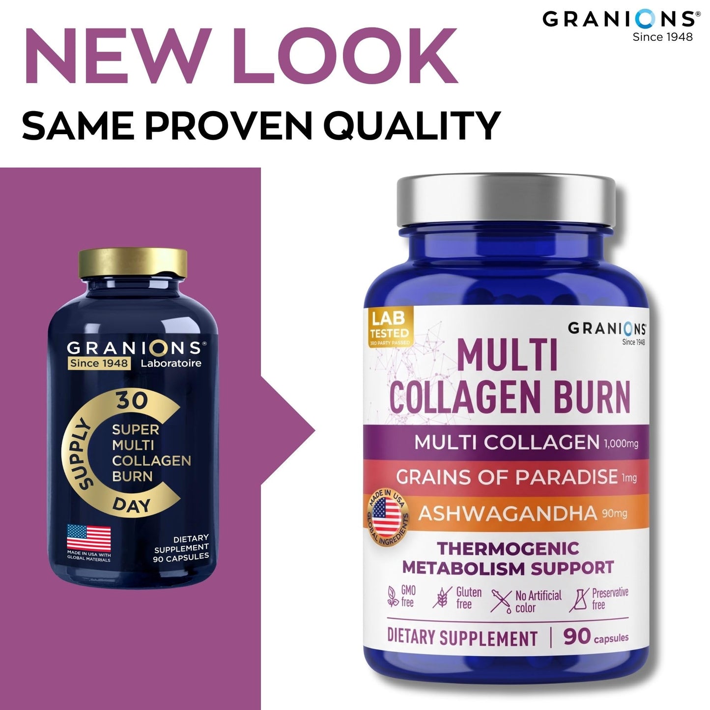 Granions Thermogenic Hydrolyzed Collagen Burn Multi Collagen Peptides Capsules, 90 Count