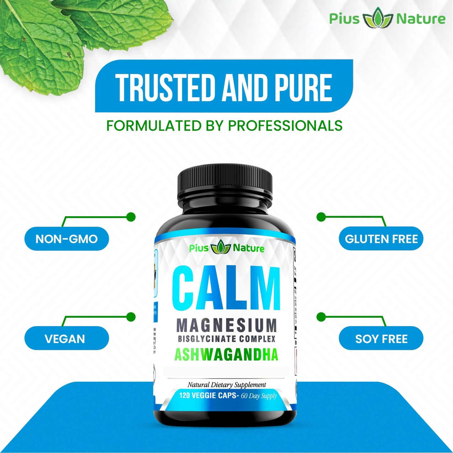 PIUS NATURE Calm Magnesium Glycinate with Ashwagandha Root Extract Capsules, 120 Capsules
