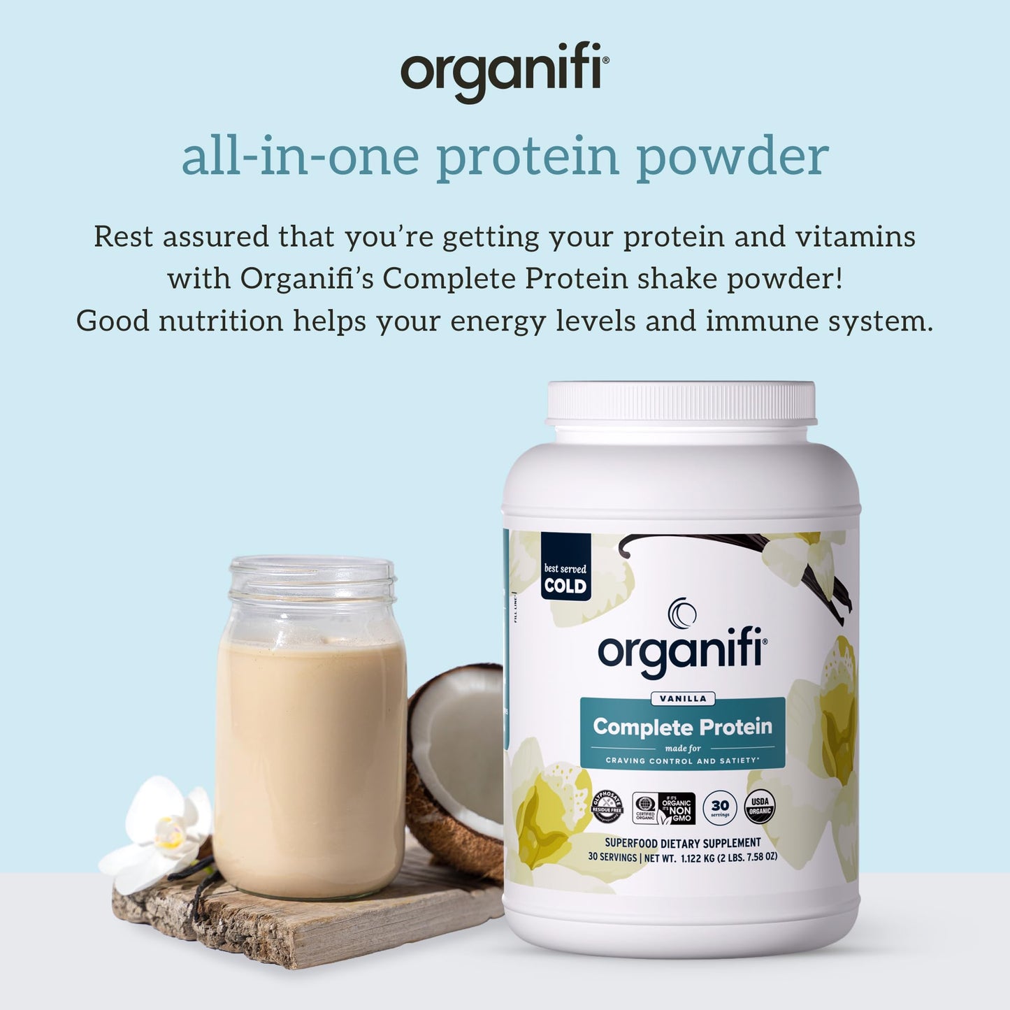 Organifi Complete Protein Vanilla Flavor Organic Vegan Plant Based Protein Powder with Digestive Enzymes, 30 Day Supply