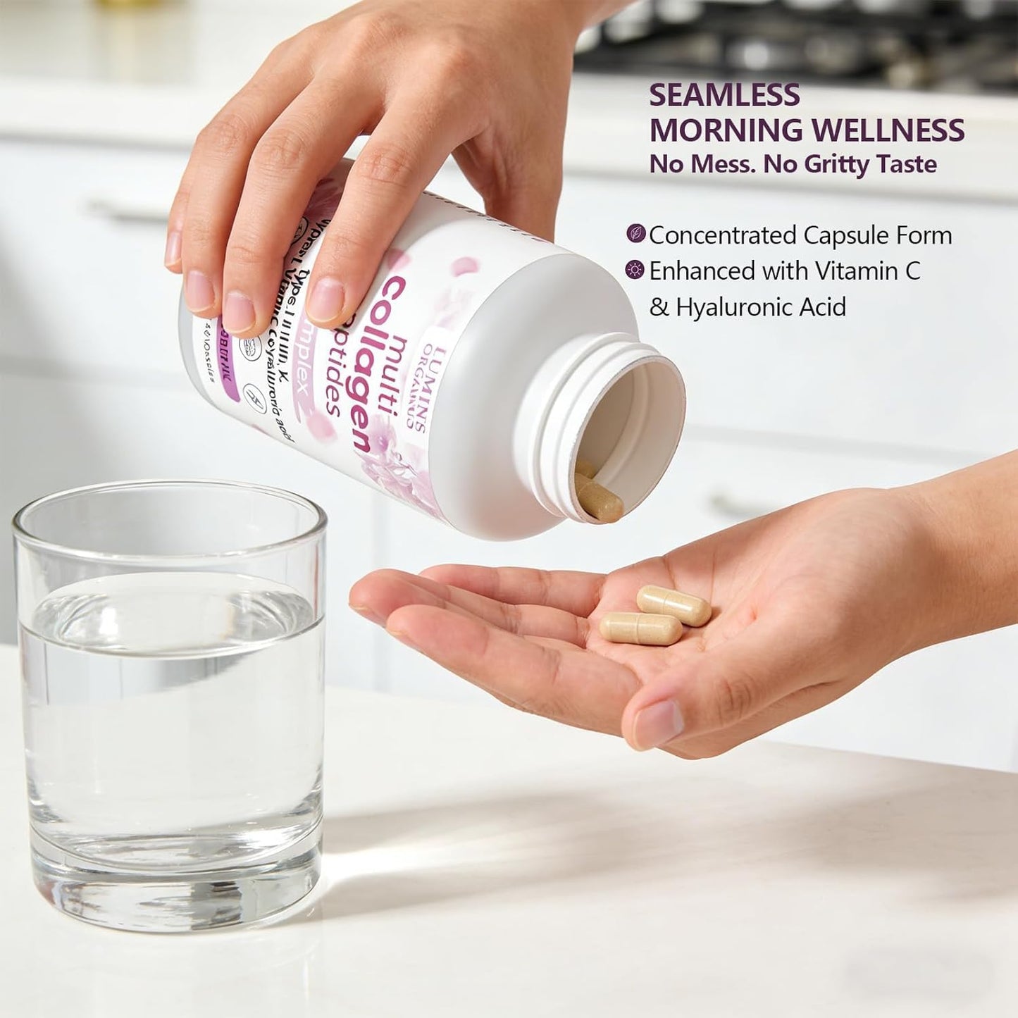 ETUIH Lumine Organics Collagen, Hydrolyzed Collagen Peptides Capsules Type I, II, III, V, X with Biotin, Hyaluronic Acid, Vitamin C, 240 Capsules