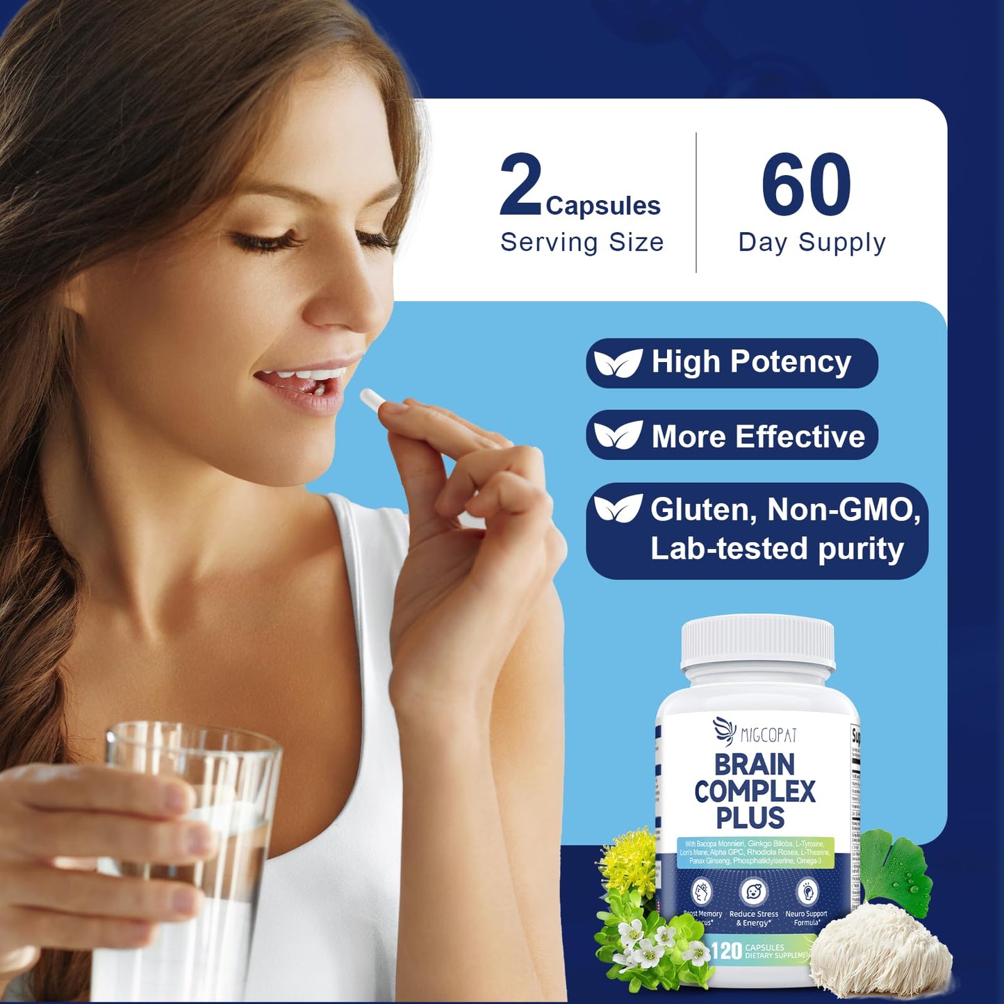 Migcopat Brain Supplements for Memory & Focus Nootropic with Bacopa Monnieri, Lion's Mane, Alpha GPC, Phosphatidylserine, Vitamin B6 & B12 - 120 Capsules