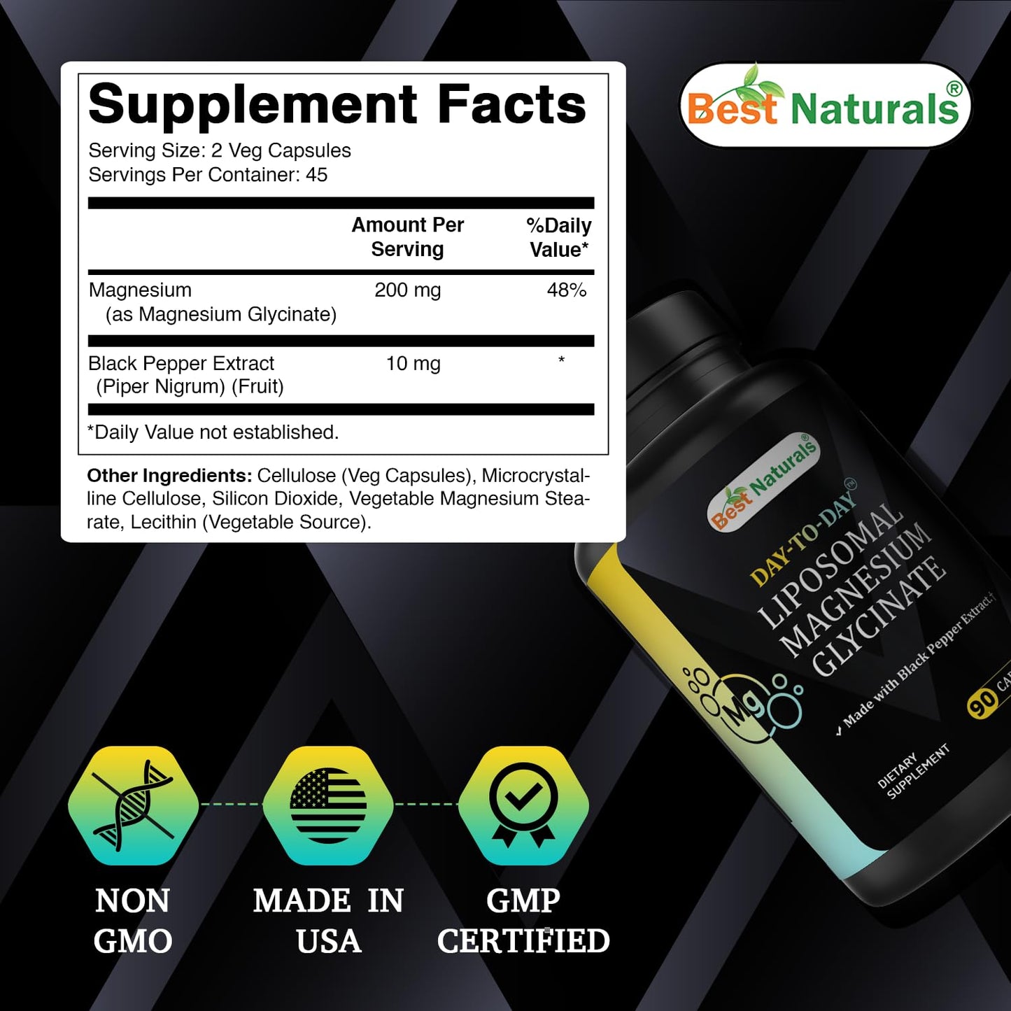 Best Naturals Liposomal Magnesium Glycinate Supplement with Black Pepper Extract, Chelated Magnesium Glycinate, Non-GMO Vegan Formula, Capsules, 90 Capsules