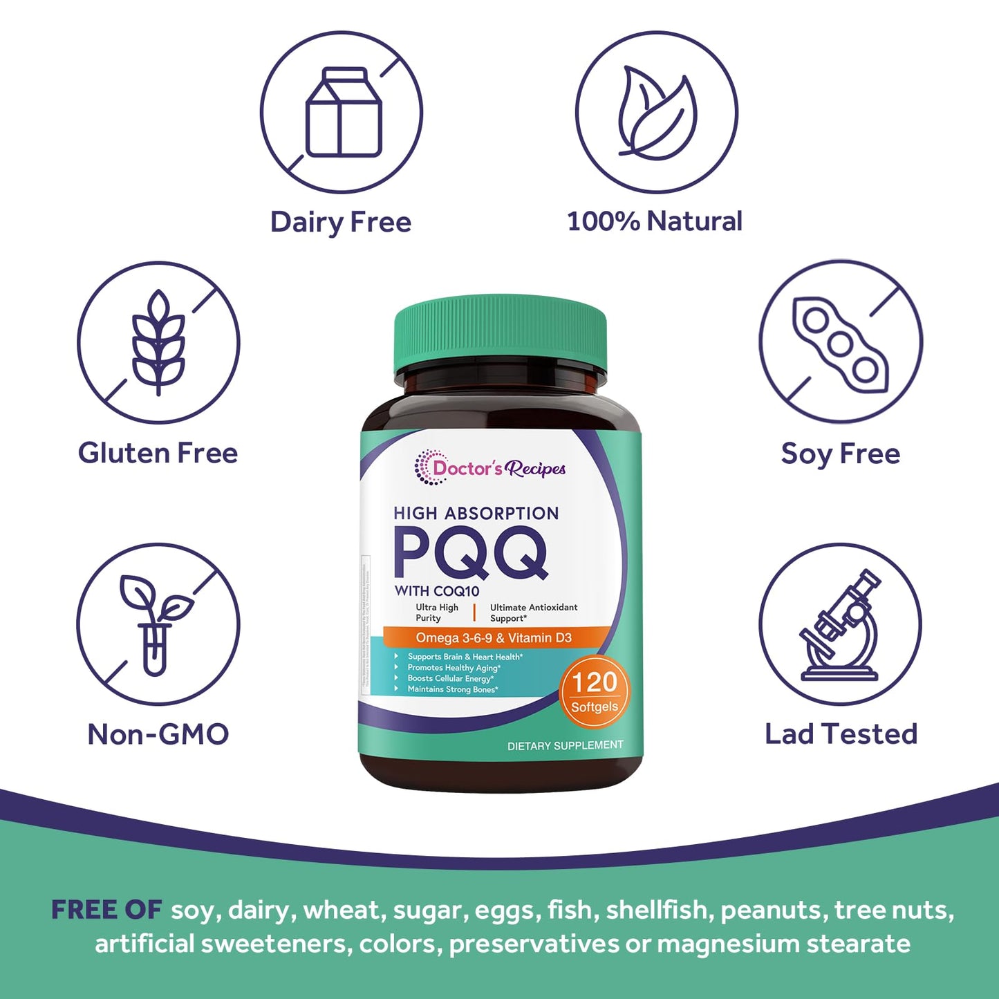 Doctor's Recipes PQQ Supplement 40 mg with CoQ10 Softgels 120