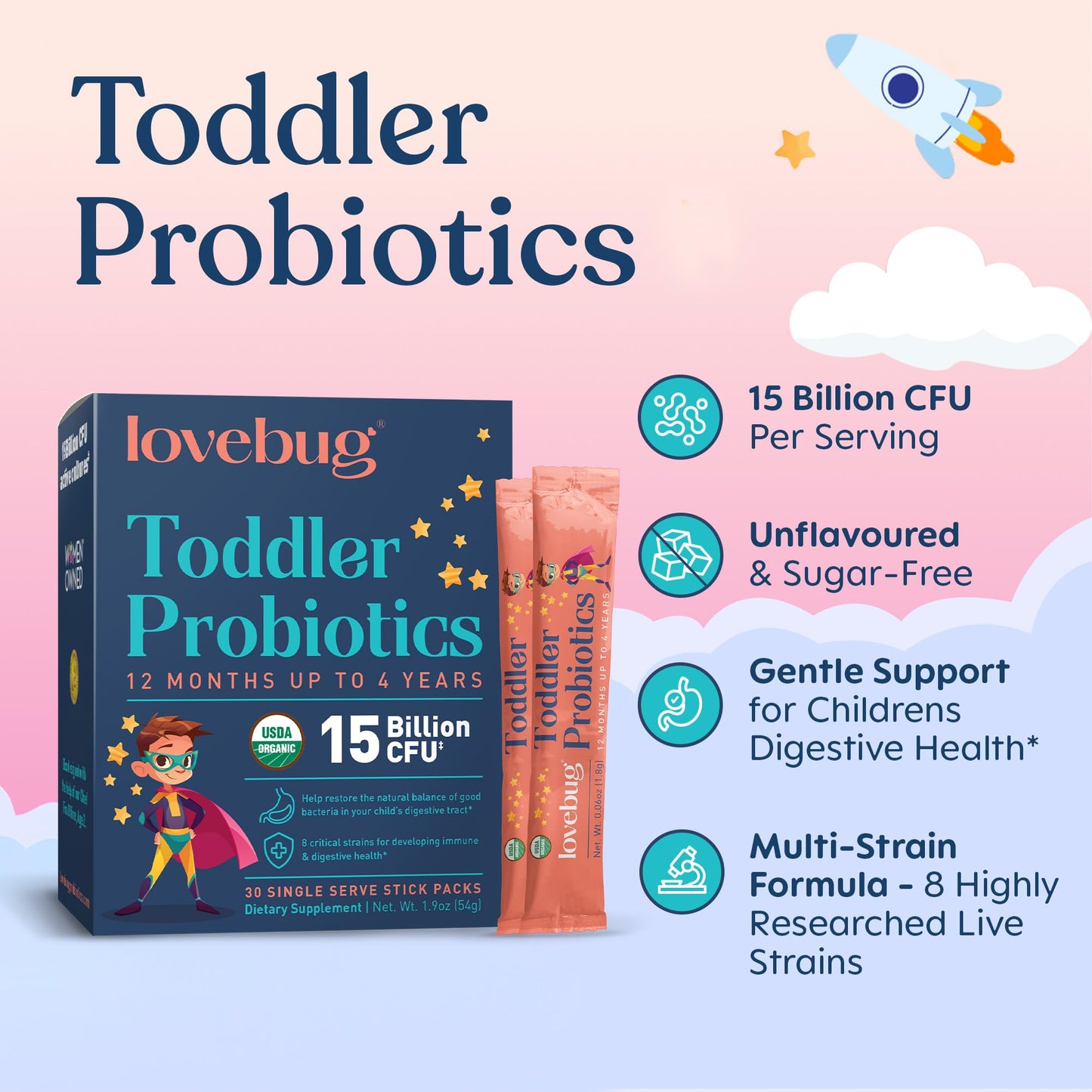 LOVEBUG Kids Probiotic Powder with Prebiotic Fiber - Toddler Immunity Support & Constipation Relief - USDA Organic Probiotics for Children's Gut & Digestive Health (Ages 1-4) - 30 Pack