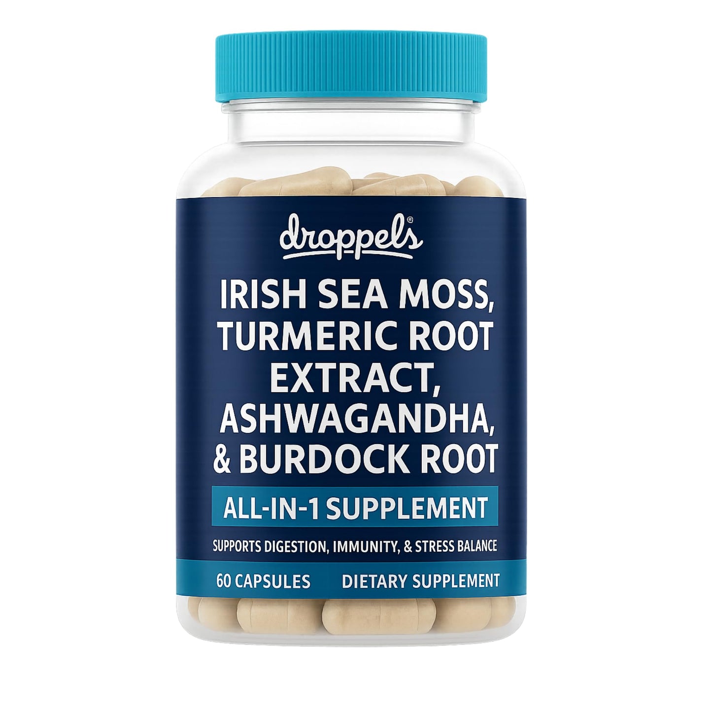 Droppels Irish Sea Moss Capsules with Turmeric, Ashwagandha, Black Pepper & Burdock Root – Natural Mineral Blend – Vegan, Non-GMO, 60 Capsules