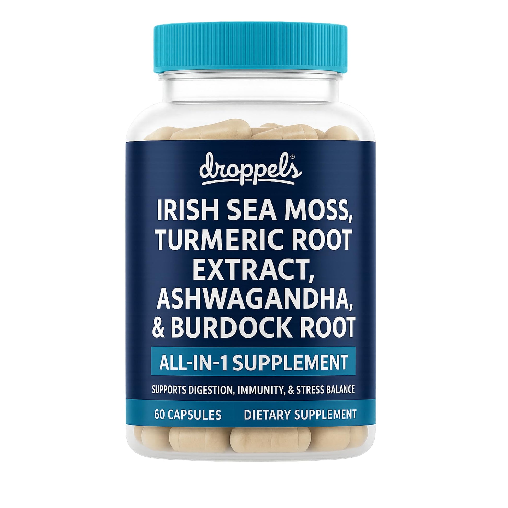 Droppels Irish Sea Moss Capsules with Turmeric, Ashwagandha, Black Pepper & Burdock Root – Natural Mineral Blend – Vegan, Non-GMO, 60 Capsules