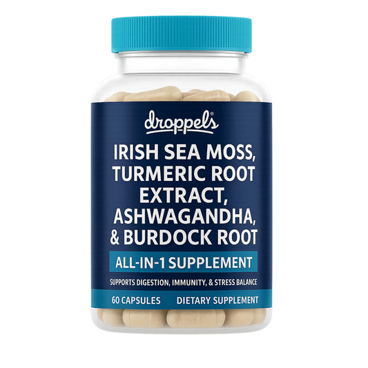 Droppels Irish Sea Moss Capsules with Turmeric, Ashwagandha, Black Pepper & Burdock Root – Natural Mineral Blend – Vegan, Non-GMO, 60 Capsules