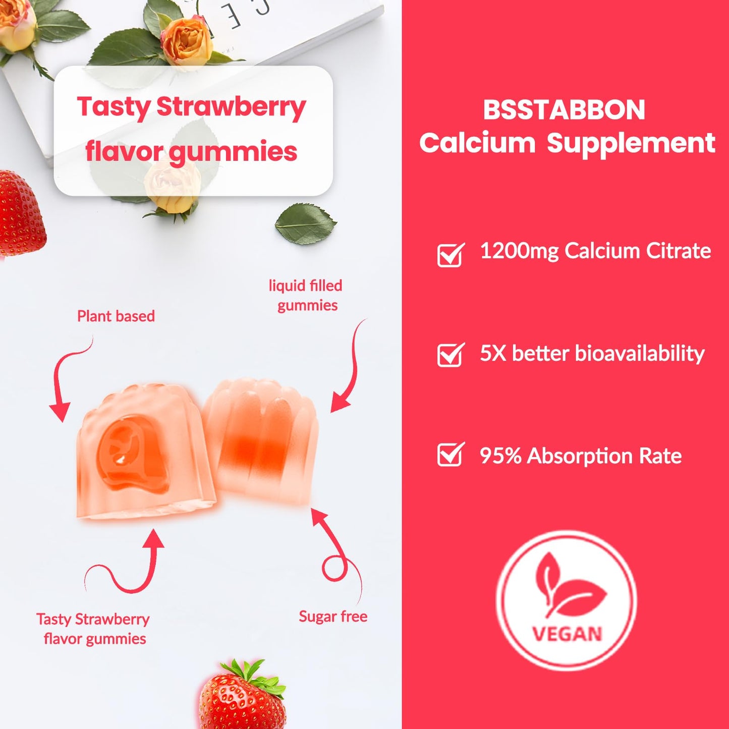 BSSTABBON Calcium 1200 mg with Vitamin D3 Gummies Calcium Citrate, 120 Gummies