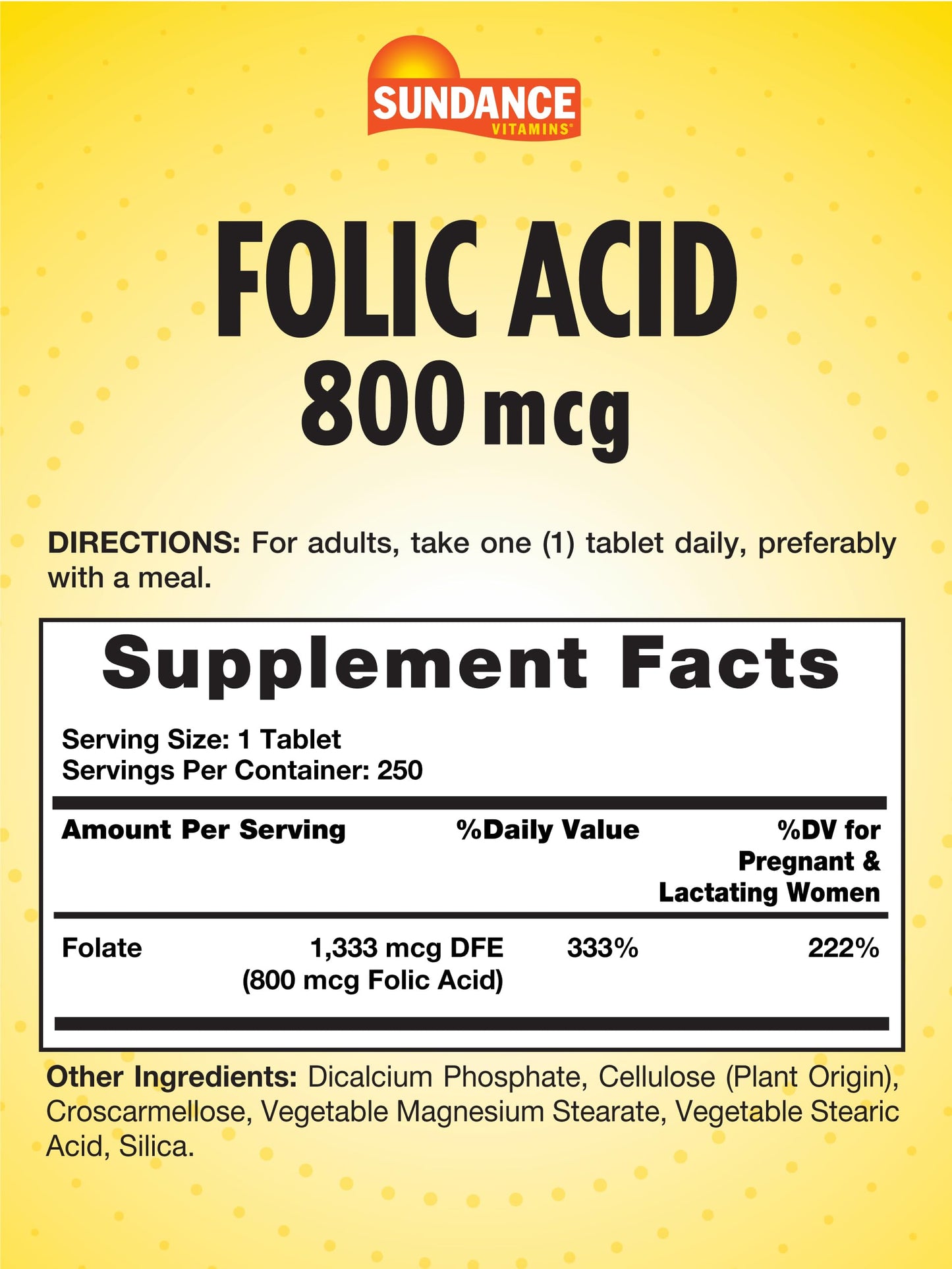 Sundance Folic Acid 800 mcg Tablet 250 Tablets