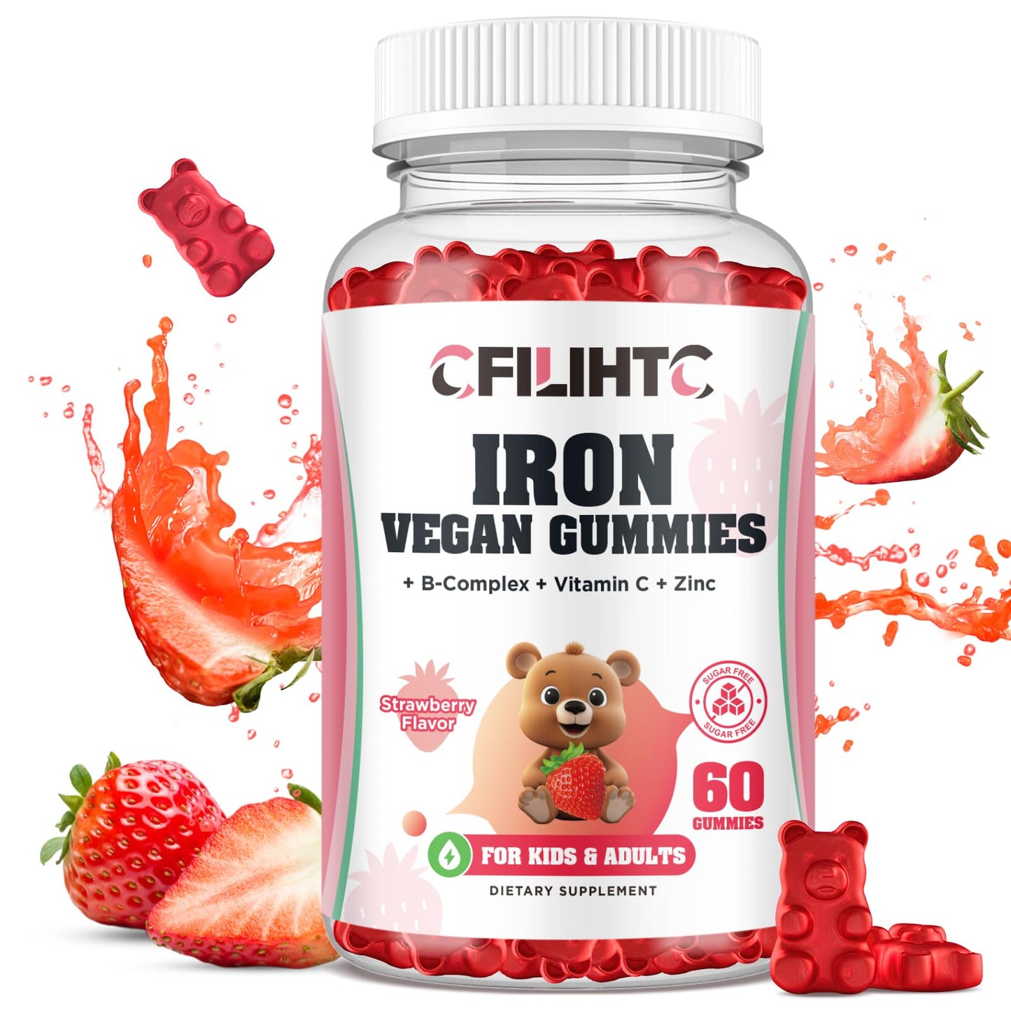 CFILIHTC Iron Gummies with Multivitamin, Vitamin B Complex, C, B6, B12, Folate, Zinc for Anemia, Iron Deficiency, Blood Builder, Energy - Strawberry Flavor, Vegan, 60 Gummies