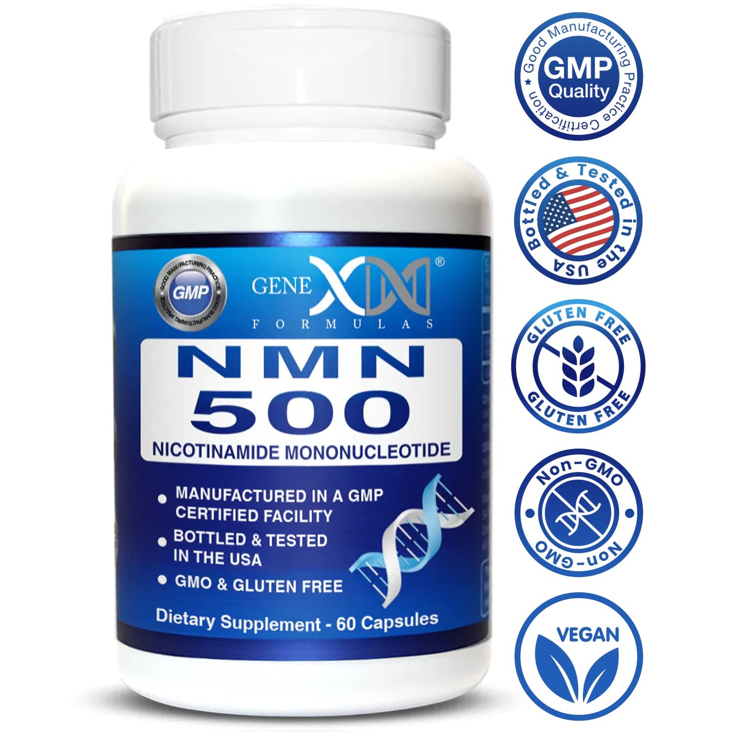 Genex Formulas NMN 500mg - 99% Pure Shelf Stabilized NMN Capsules, GMP Certified, 60 Capsules