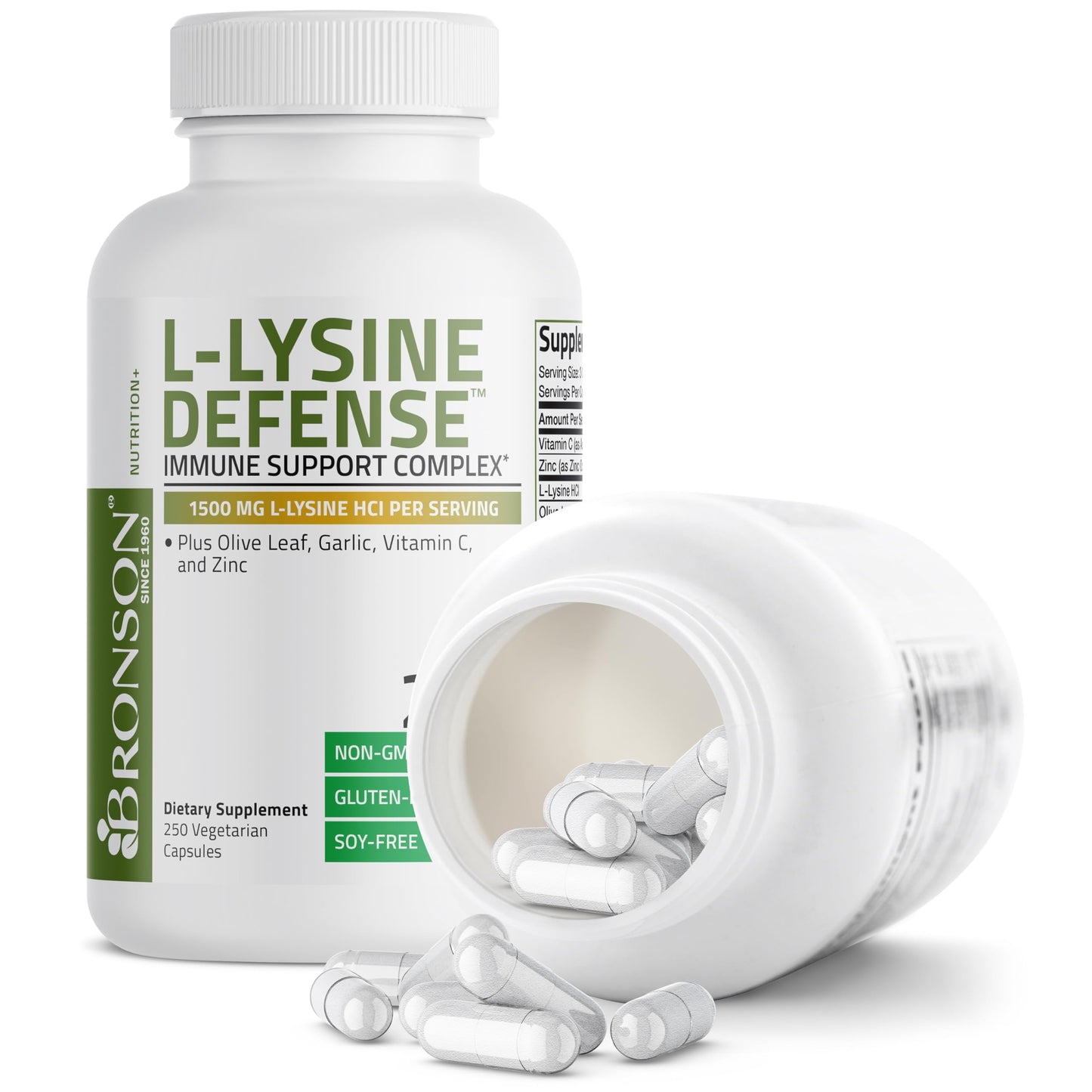 Bronson L-Lysine Defense Immune Support Complex 1500 MG L-Lysine Plus Olive Leaf, Garlic, Vitamin C and Zinc - Non-GMO, 250 Capsules