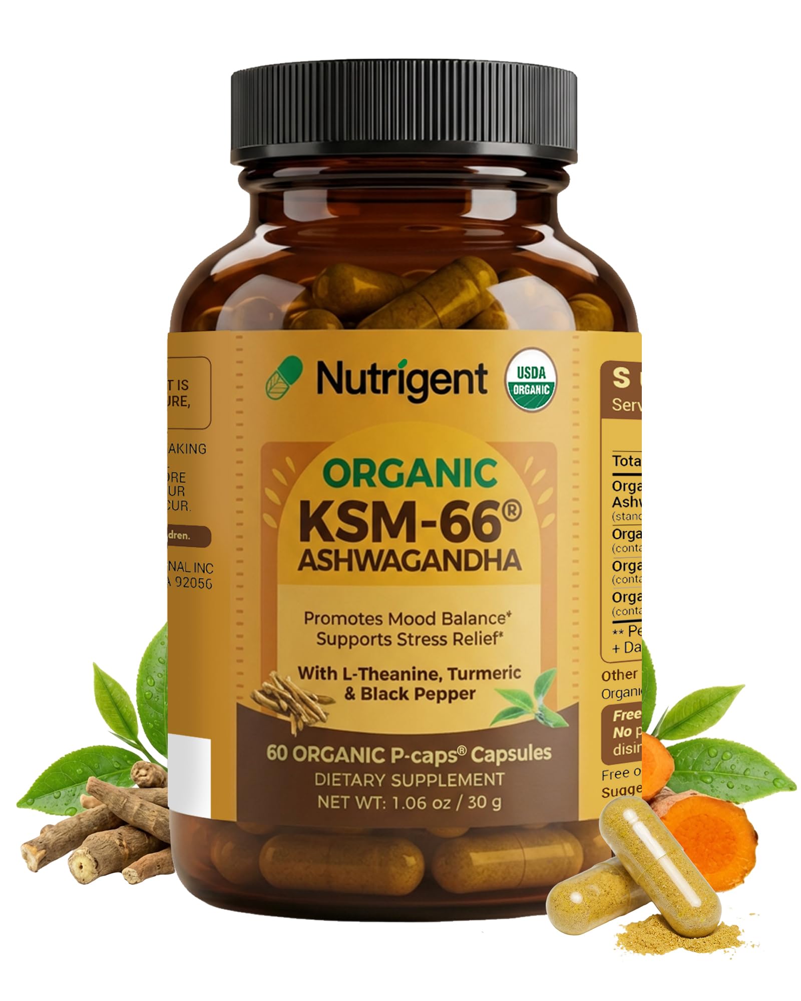 Nutrigent USDA Organic KSM-66 Ashwagandha 600mg with Organic L-Theanine, Turmeric & Black Pepper Capsules, 60 Count