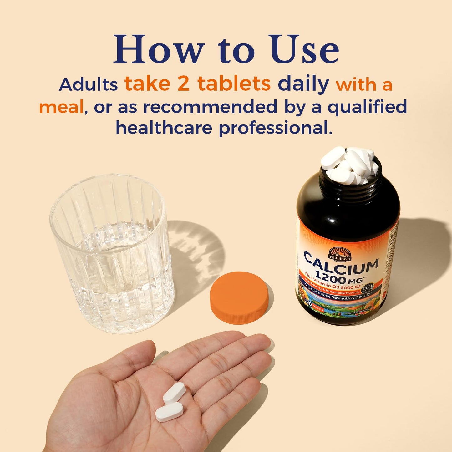 Vitalitown Calcium 1200 mg with Vitamin D3 5000 IU Tablets, 120 Count