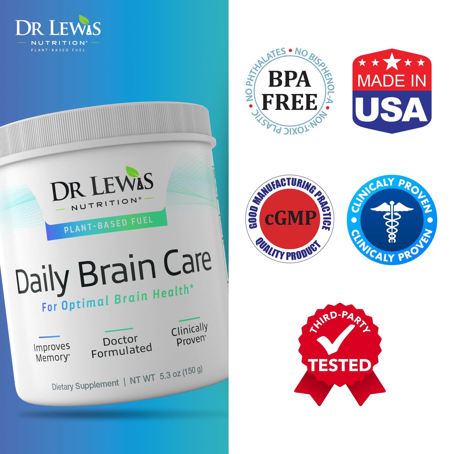 Dr Lewis Nutrition Daily Brain Care Powder with Aloe Vera, 5.3 oz