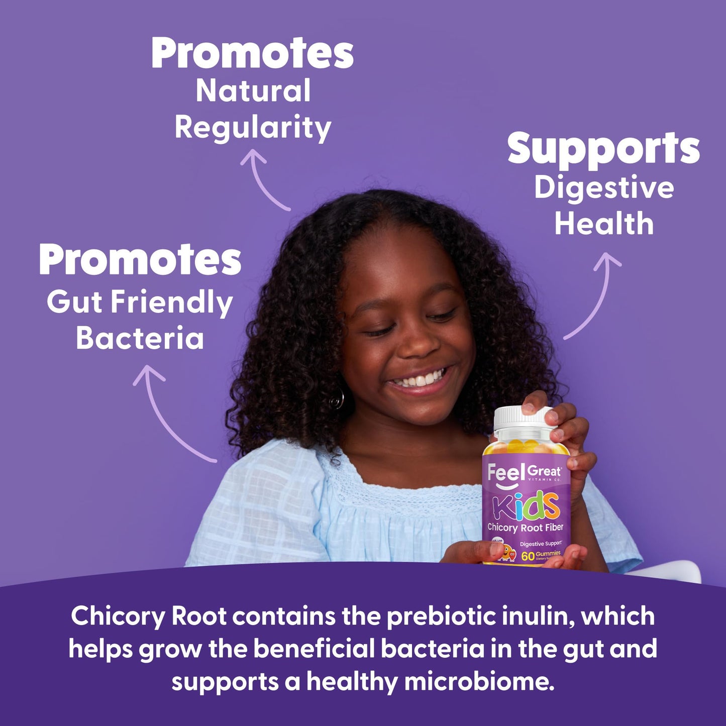 The Feel Great Vitamin Company Fiber Gummies for Kids Digestive Support and Constipation Relief, Fruity Flavored Chewable, Vegetarian Supplements, 60 Count