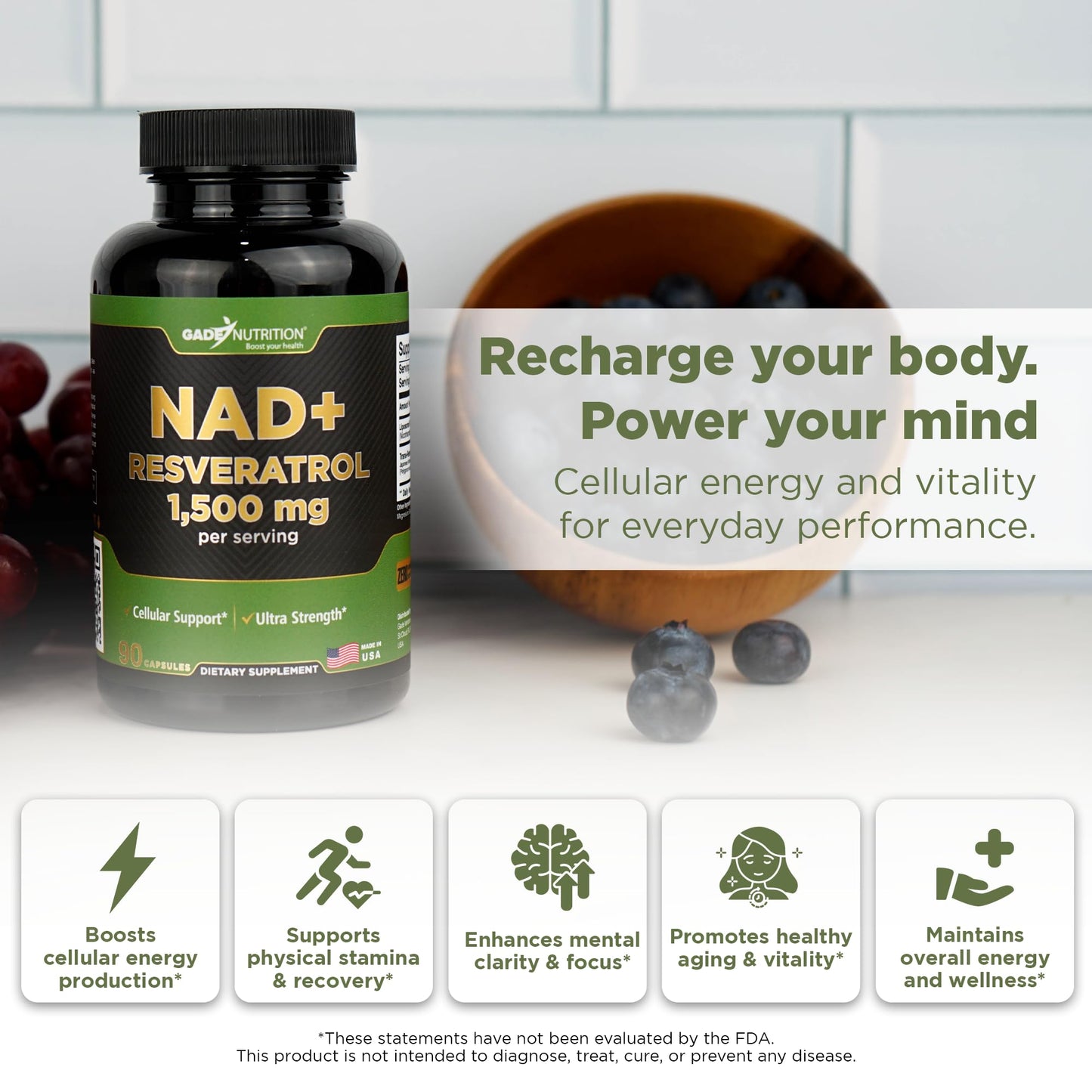 GADE NUTRITION BOOST YOUR HEALTH NAD Supplement with Resveratrol Nicotinamide Plus, 90 Capsules