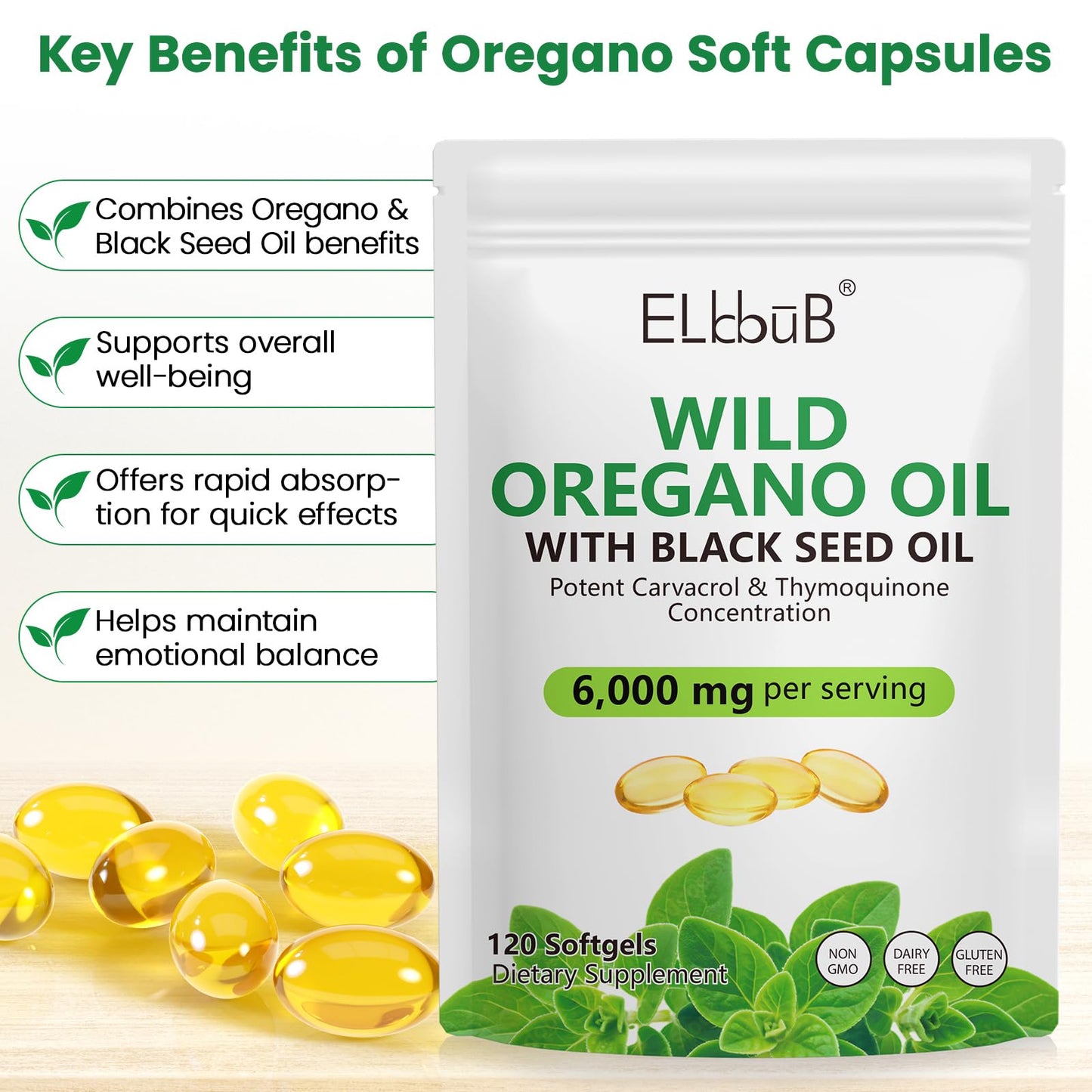 ELBBUB Oil of Oregano with Black Seed Oil 6000mg Oregano Oil + 200mg Black Seed Oil per Serving Capsule, 120 Count