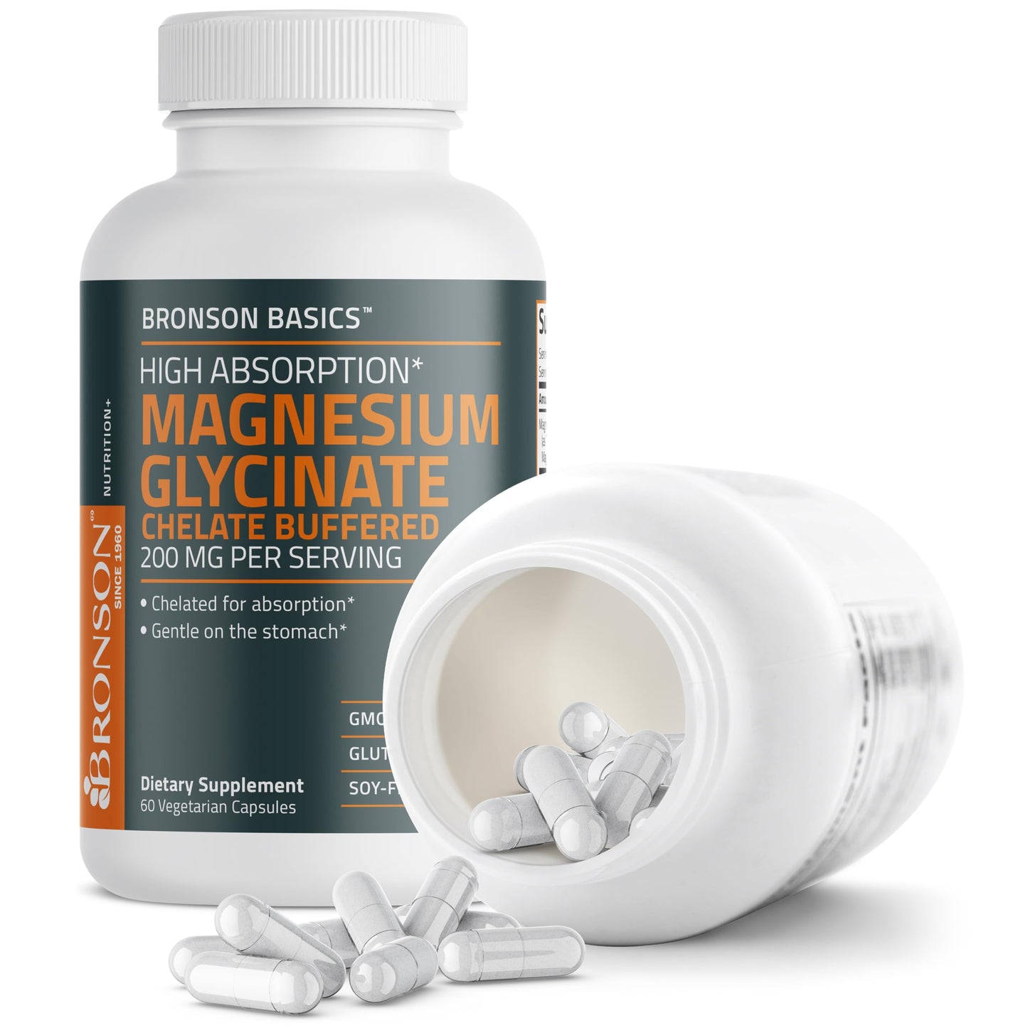 Bronson Magnesium Glycinate 200mg High Absorption Chelated Buffered Gentle On The Stomach Non-GMO, 60 Capsules