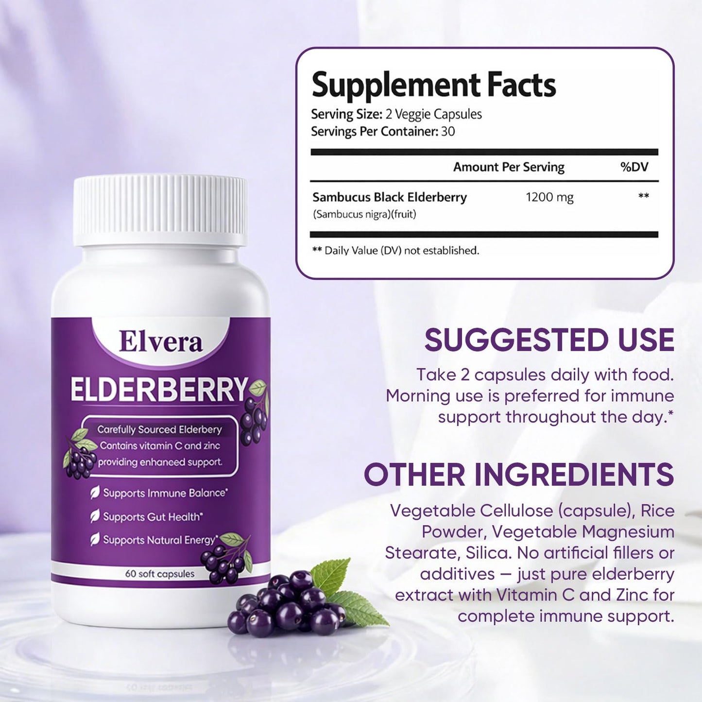 ELVERA Elderberry Gut Support Capsules 60 Count