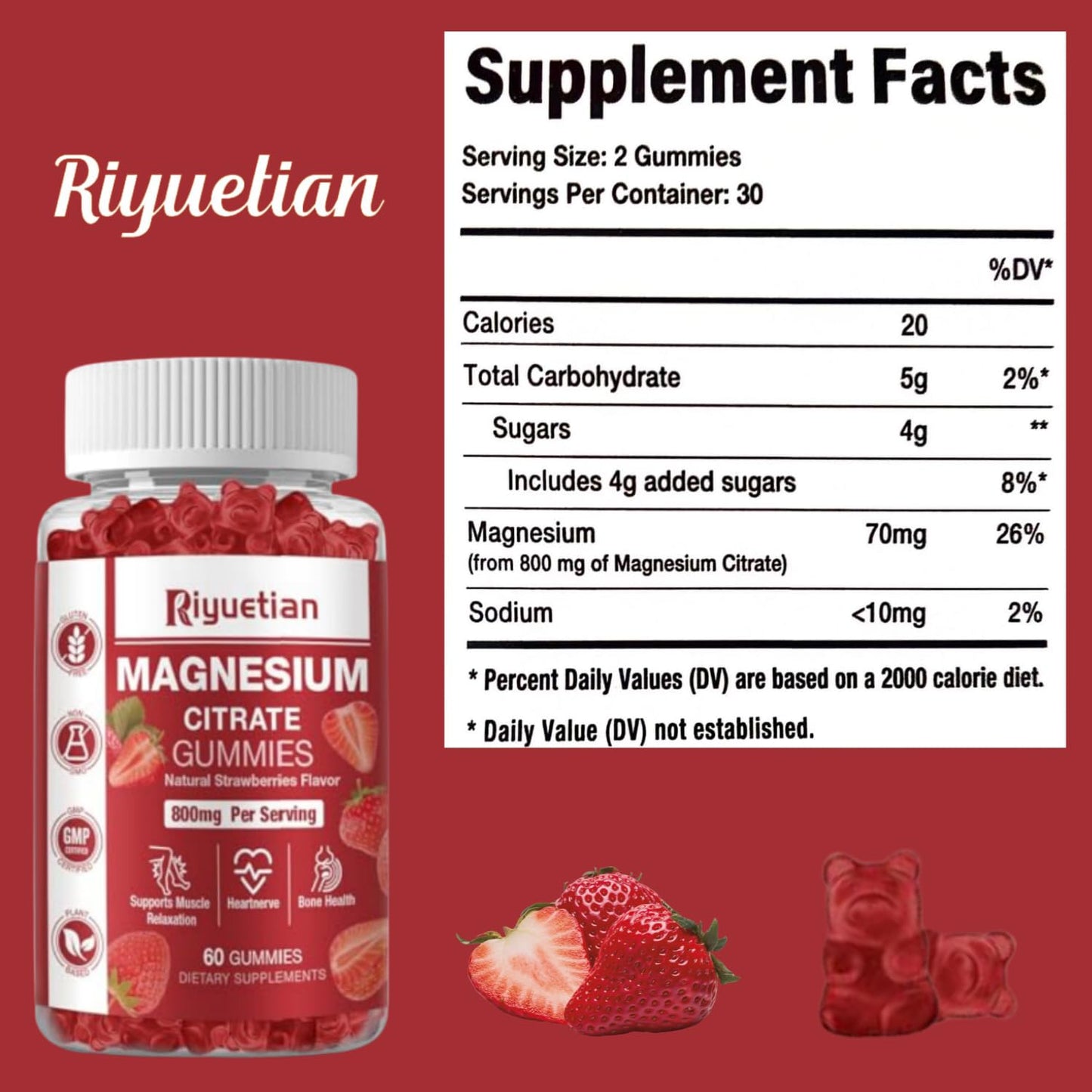 Riyuetian Magnesium Citrate Gummies 800mg, 60 Count