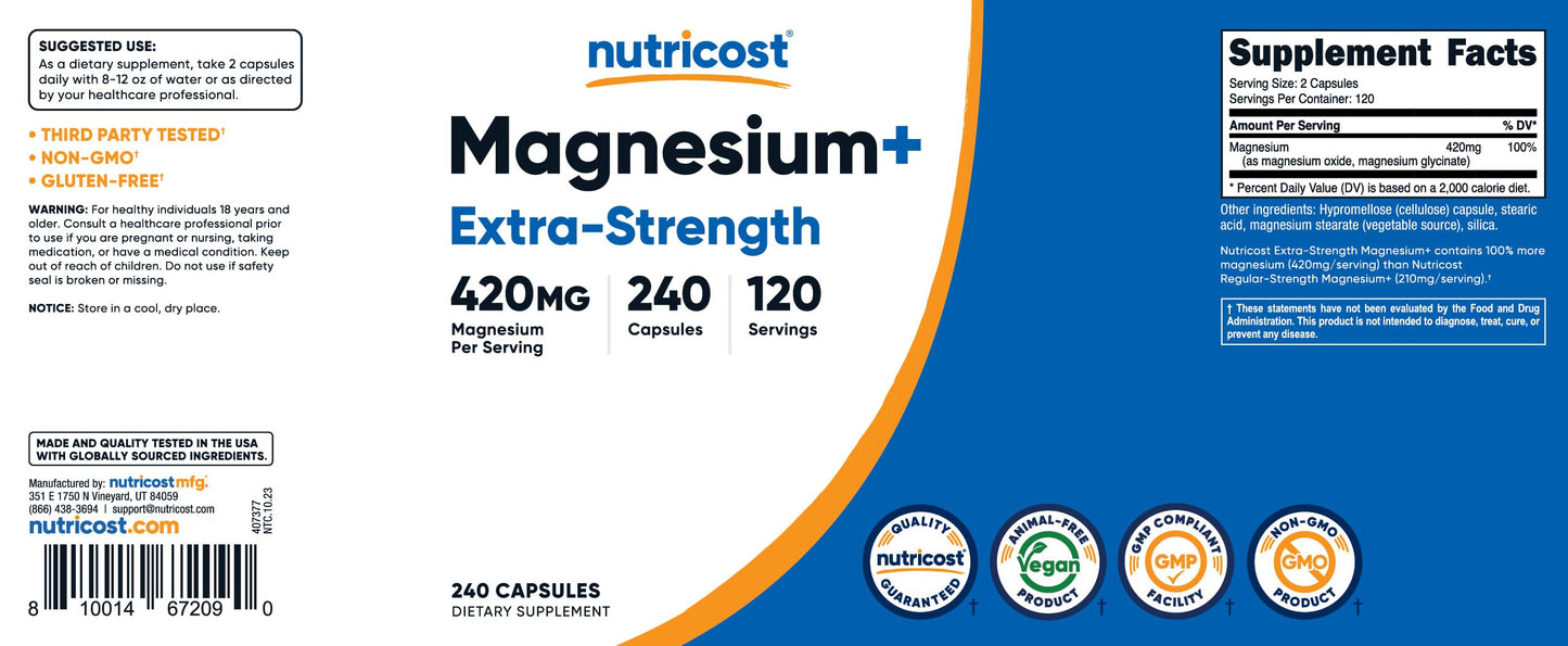 Nutricost Magnesium+ Extra Strength 420mg Capsules, 480 Count
